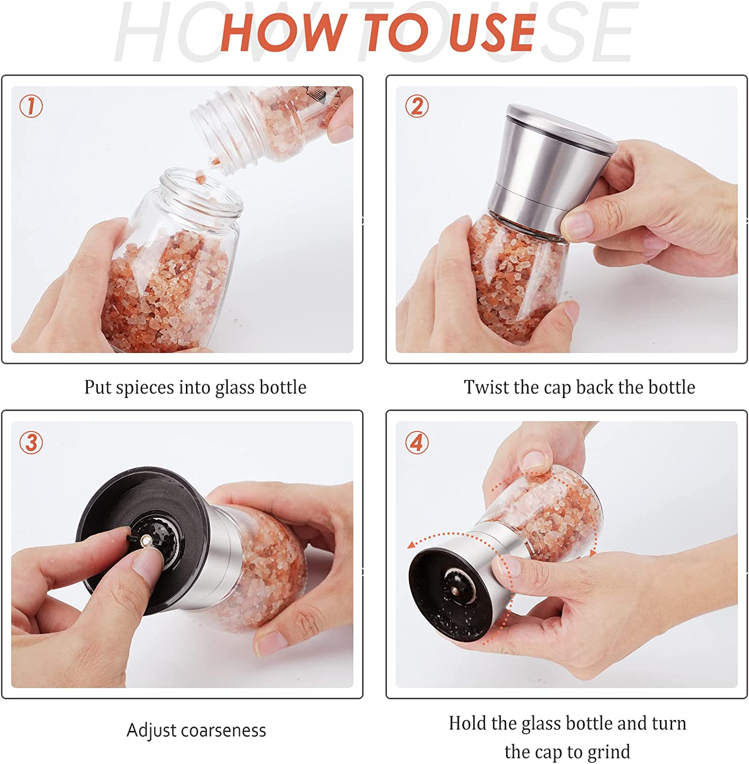 Salt and Pepper Grinder Set - Refillable Grinder Adjustable Coarseness of Pepper Salt Spice Stainless Steel Mills Glass 6Oz（2 Pack） image number 5