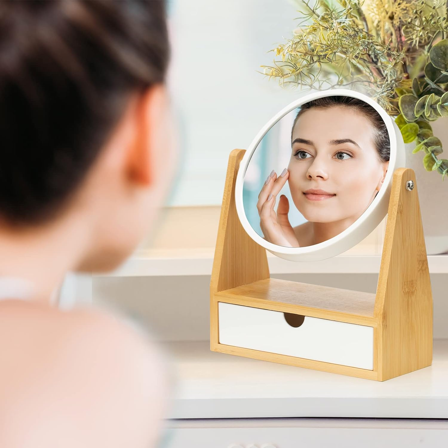 YEAKE Vanity Makeup Mirror with Natural Bamboo Stand, 10"L X 7.5"W, 1X/3X Double Sided Magnifying Mirror with Drawer, Portable Tabletop Mount, Bathroom Shaving Mirror (Round) image number 6