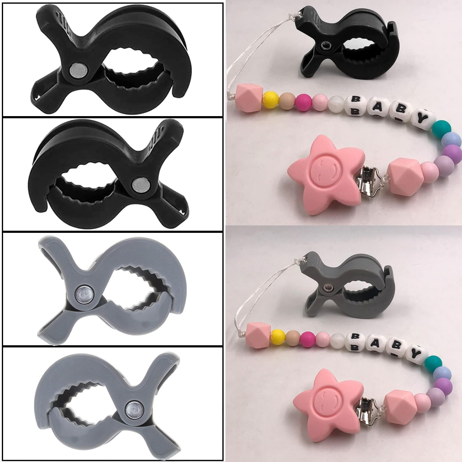 WADY Stroller Pegs to Hook Muslin Sun Shade to Canopy, 6 PCS Car Seat Cover Clips, Nursing Cover, Pram Toy Holder, Plastic Universal Clip, Blanket Clamp, Stroller Clips Buggy Accessory (Black) - Grey image number 5