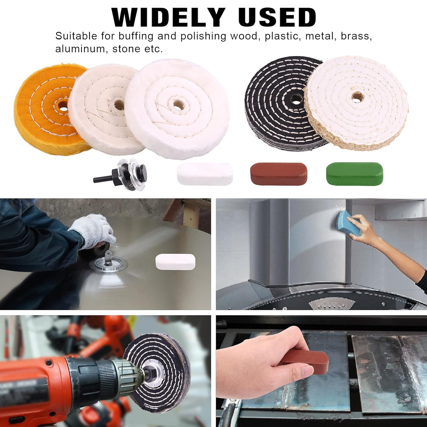 9Pcs 4'' Buffing Polishing Wheels Set Including Yellow(36Ply)/White(50Ply)/ Flannel(30Ply)/ Denim/Sisal Wheel with 1/2" Arbor Hole 3Pcs Compound and 1/4" Handle for Polishing image number 2