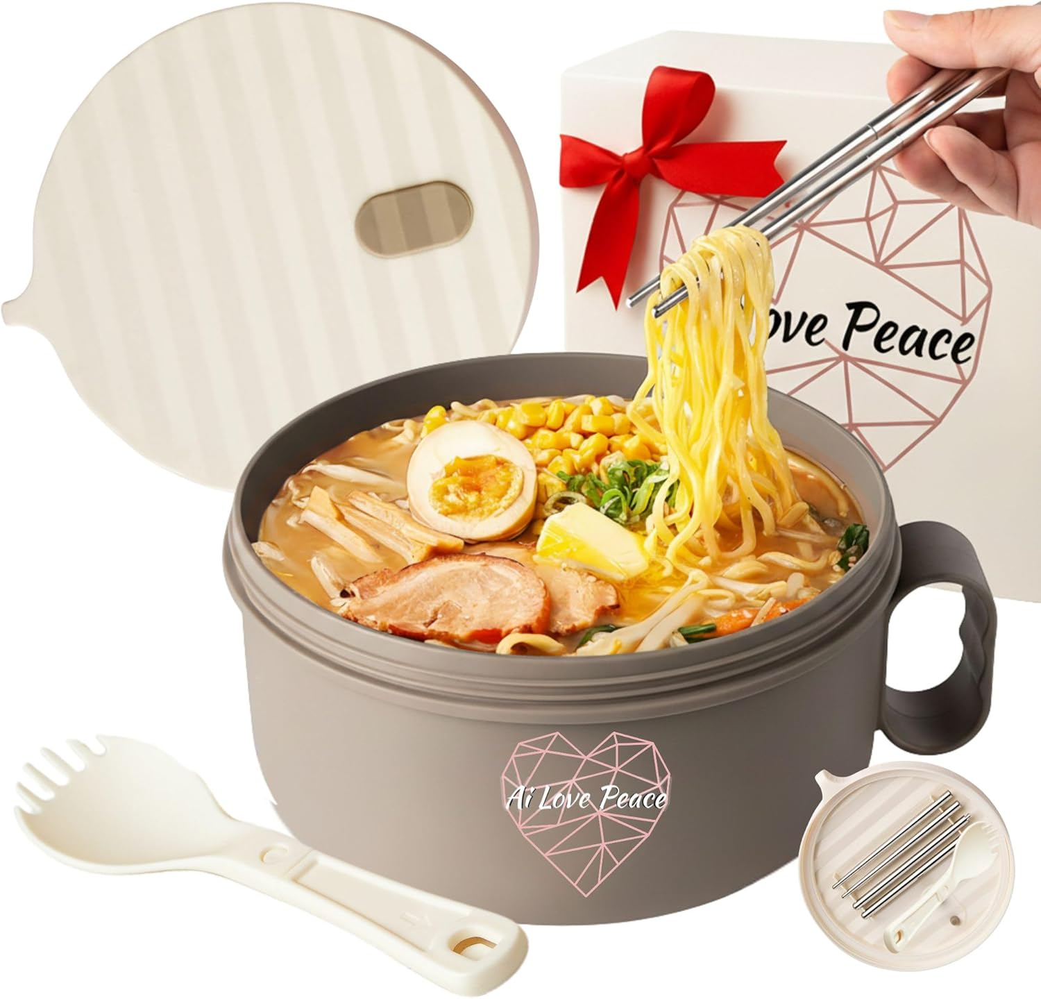 Ai Love Peace Ramen Bowl, 40 Oz Microwaveable Noodle Cooker for Ramen, Pho, Soup, and Pasta, Dishwasher Safe and Portable, Ideal for Home, Office, Dorm, or Gift (Purple)