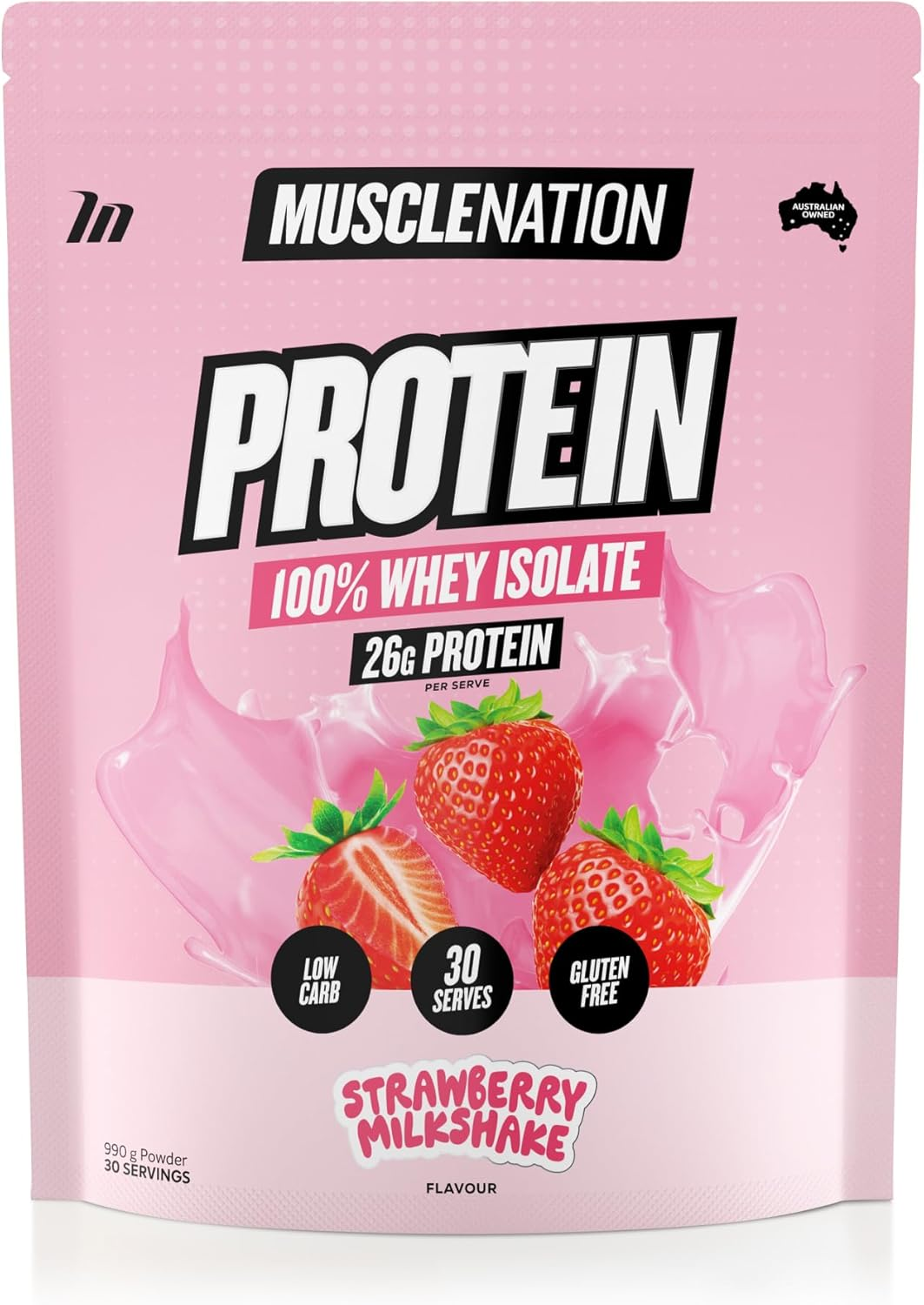 Muscle Nation Strawberry Milkshake &ndash; Whey Protein Isolate with Bcaas, Low Lactose, Gluten Free, Fast Absorbing and Easy to Mix 990G (30 Servings)