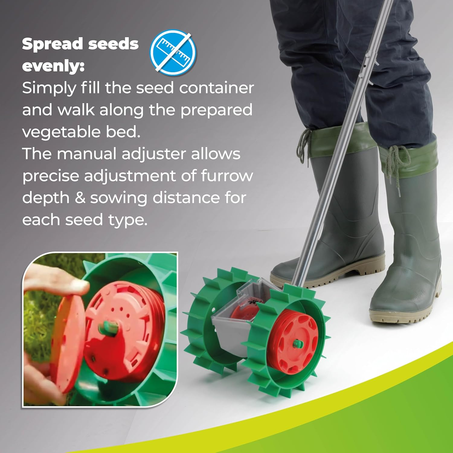 Bio Green Ergonomic Hand Seeder Super Seeder | Incl. 6 Sowing Discs | ABS Plastic & Uv-Proof | Garden Seed Drill | Manually Adjustable Furrow Depth image number 5