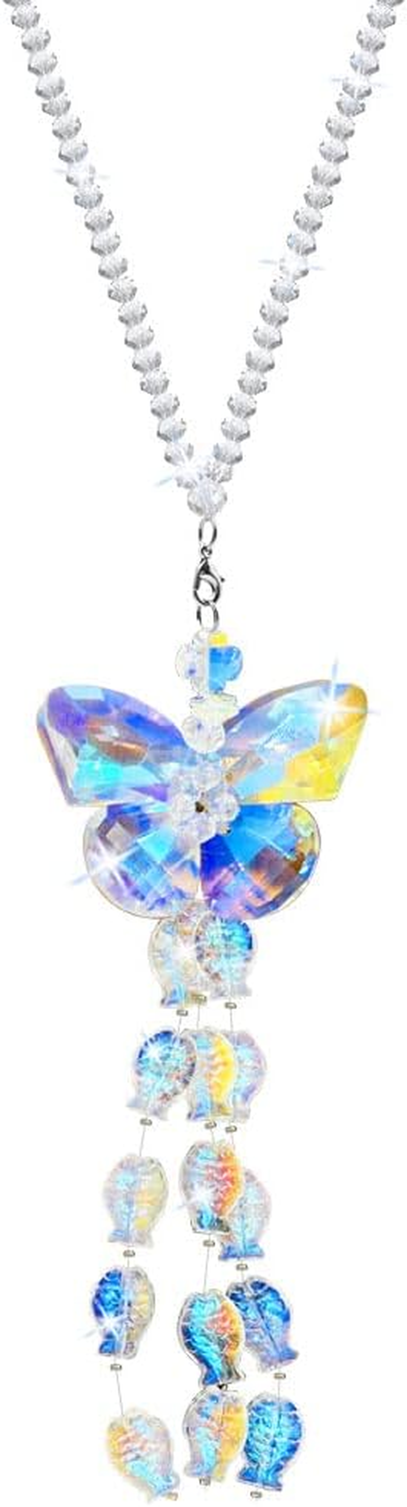 AFUNTA Crystal Butterfly Car Mirror Accessories, Rear View Charms with Colored Fish Hanging Crystals for Decoration