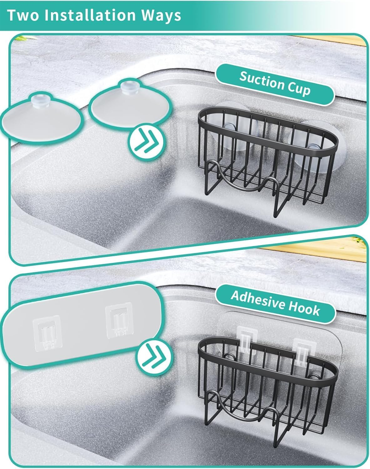 Multifunctional Sponge Holder with Unique M-Shaped, 2 Installation Methods Kitchen Sink Caddy Organizer, Rustproof Stainless Steel Sponge Caddy for Brush, Black (Black, 6.49In*1.96In*2.95In) image number 1