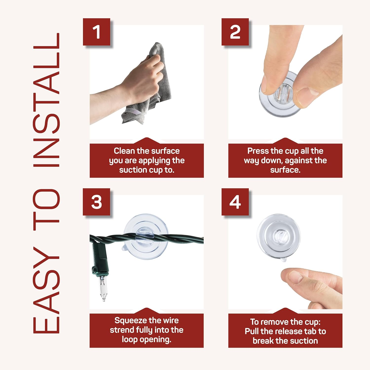 Christmas Light Suction Cups [Set of 100] Mini Light Suction Cup Hooks - Hang String Christmas Lights & Decorations - Christmas Light Suction Cup Clips - No Tools Required - Made in the USA image number 5