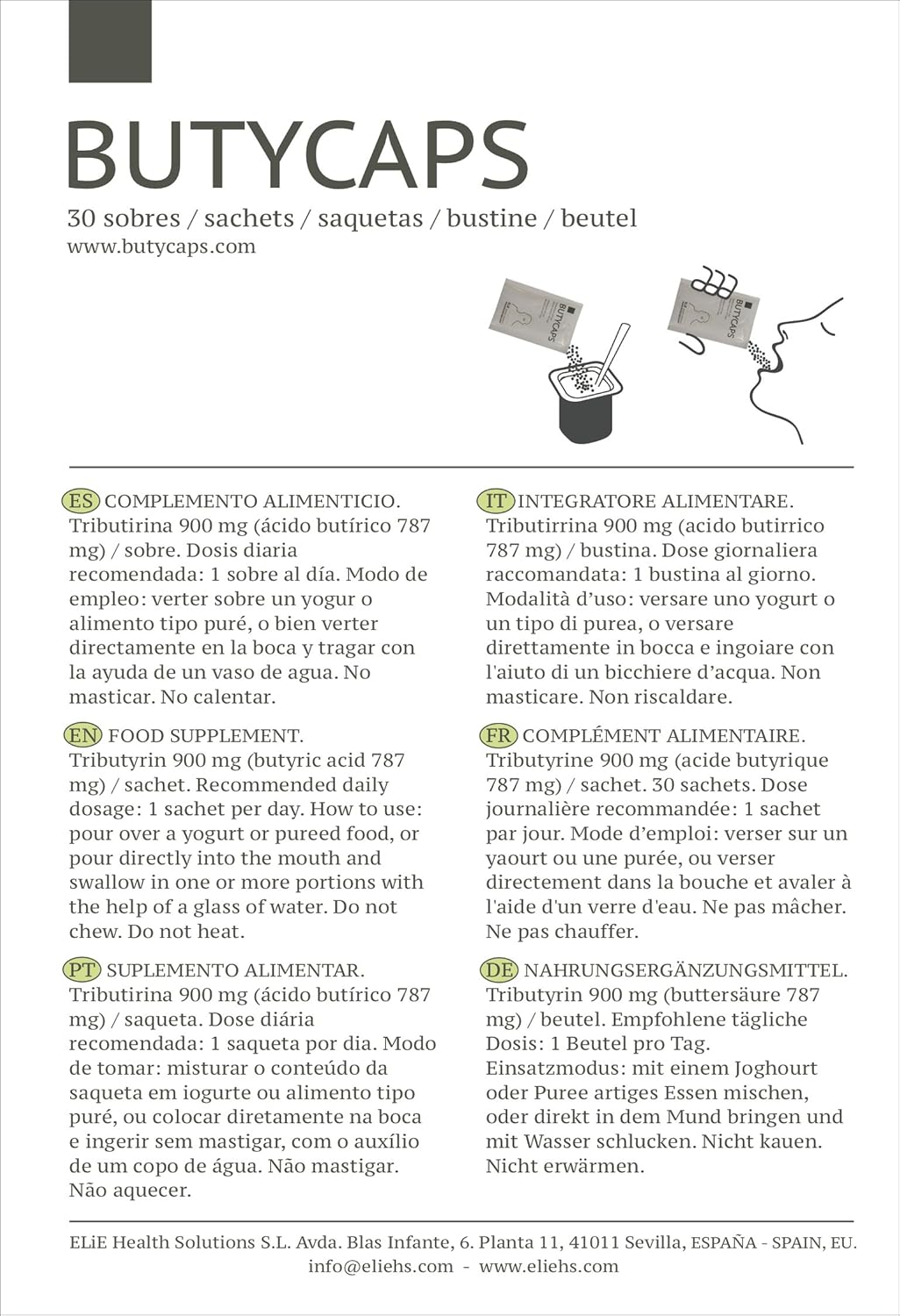 Tributyrin 900 Mg - Butyric Acid 787 Mg per Sachet - 30 Sachets image number 1