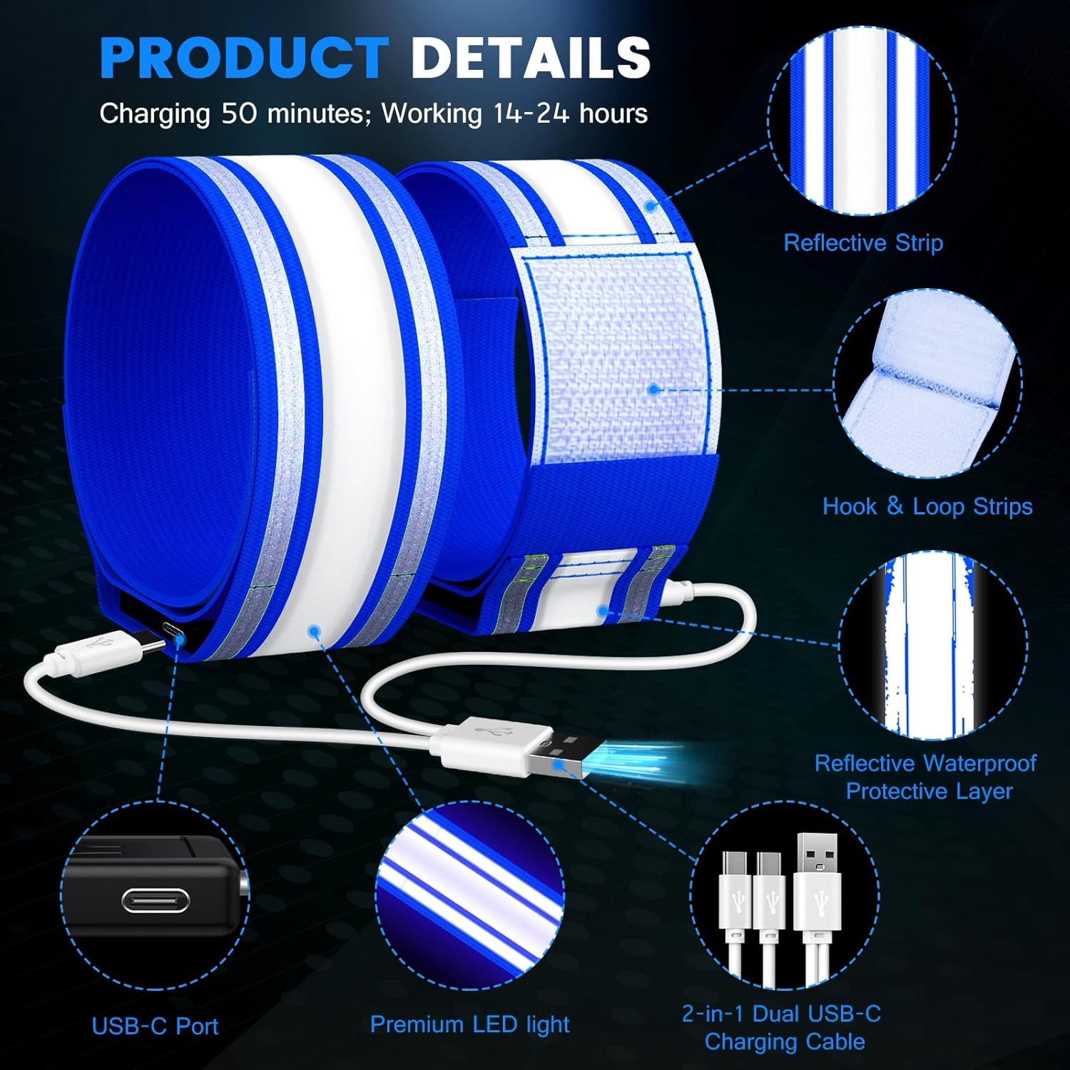 Rechargeable LED Bracelet, Pack of 2, Reflective LED Light Bracelets, Light Strip, Children'S Light Strips, USB Reflective Band, Light Bracelet, Reflective Band, Night Safety Light for Jogging, image number 4