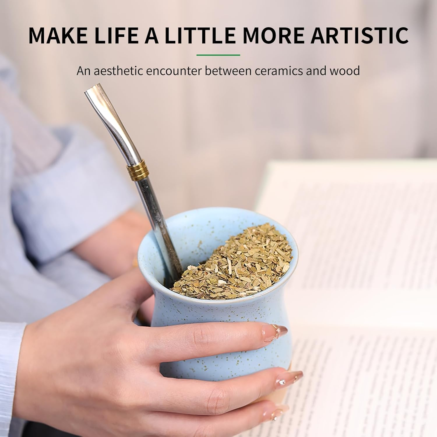 8 OZ Ceramic Yerba Mate Cup with Original Wood Base, Includes Mate Gourd, Bombilla Straw and Cleaning Brush - Perfect for Traditional Yerba Mate and Modern Style Drinking Mug (White) image number 4