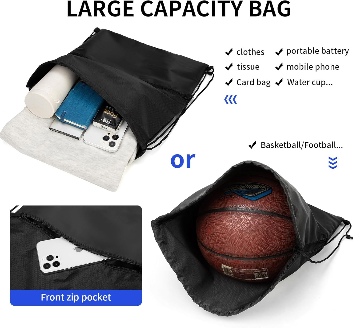 Drawstring Backpack String Bag: Water Resistant Gym Drawstring Bag for Men Sports Sackpack with Side Pocket image number 6