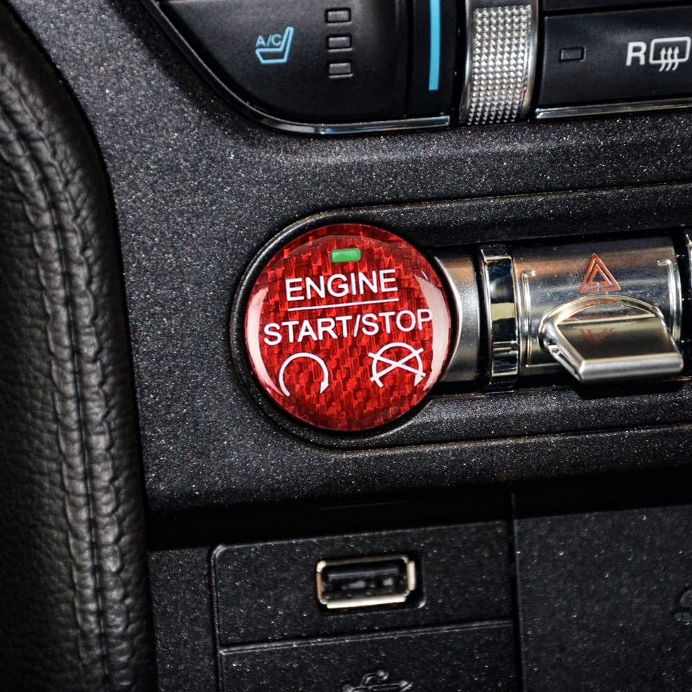 AIRSPEED for Ford Mustang Carbon Fiber Car Engine Start Stop Button Sticker Interior Trim Compatible with Ford Mustang 2015-2023 (Red)