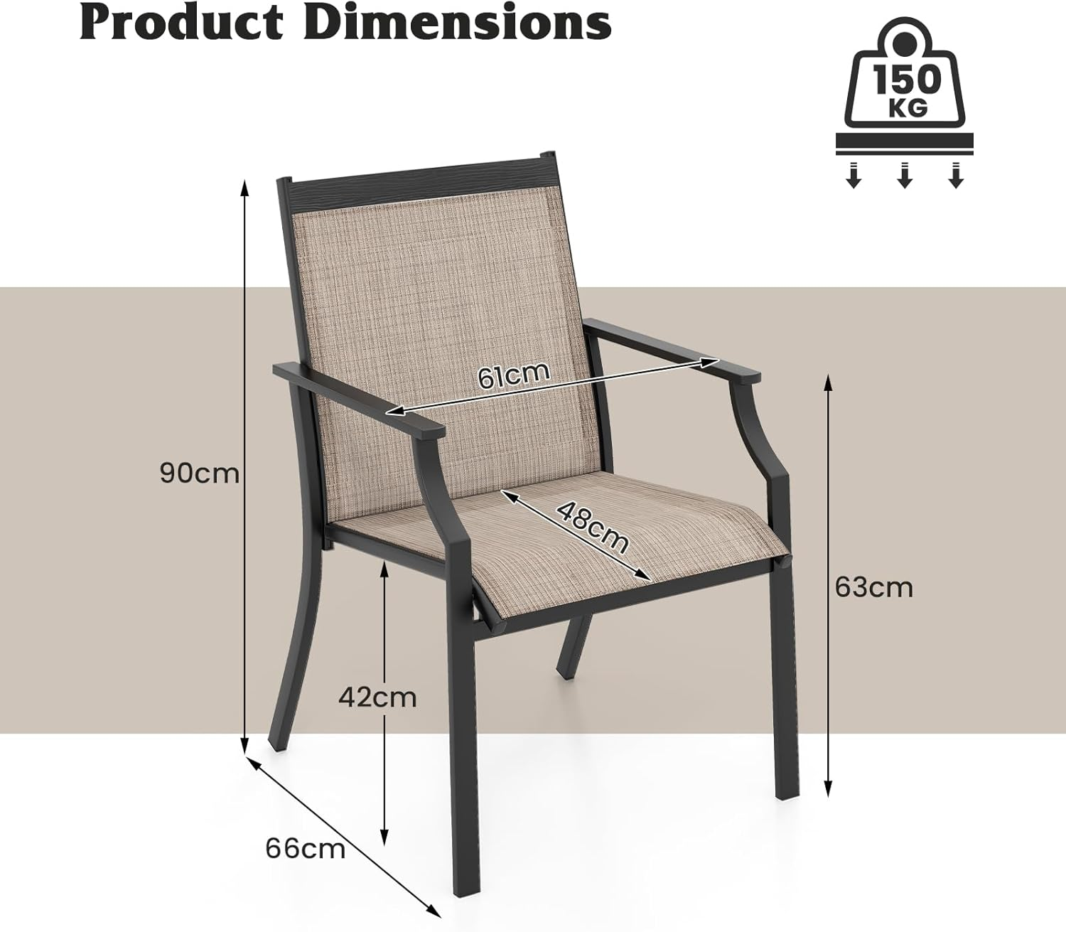 Costway 4 Piece Patio Dining Chairs, Large Outdoor Chairs W/Breathable Seat & Metal Frame, Ergonomic Back & Armrests, High Backrest Armchairs for Porch, Backyard, Lawn (Brown) image number 3