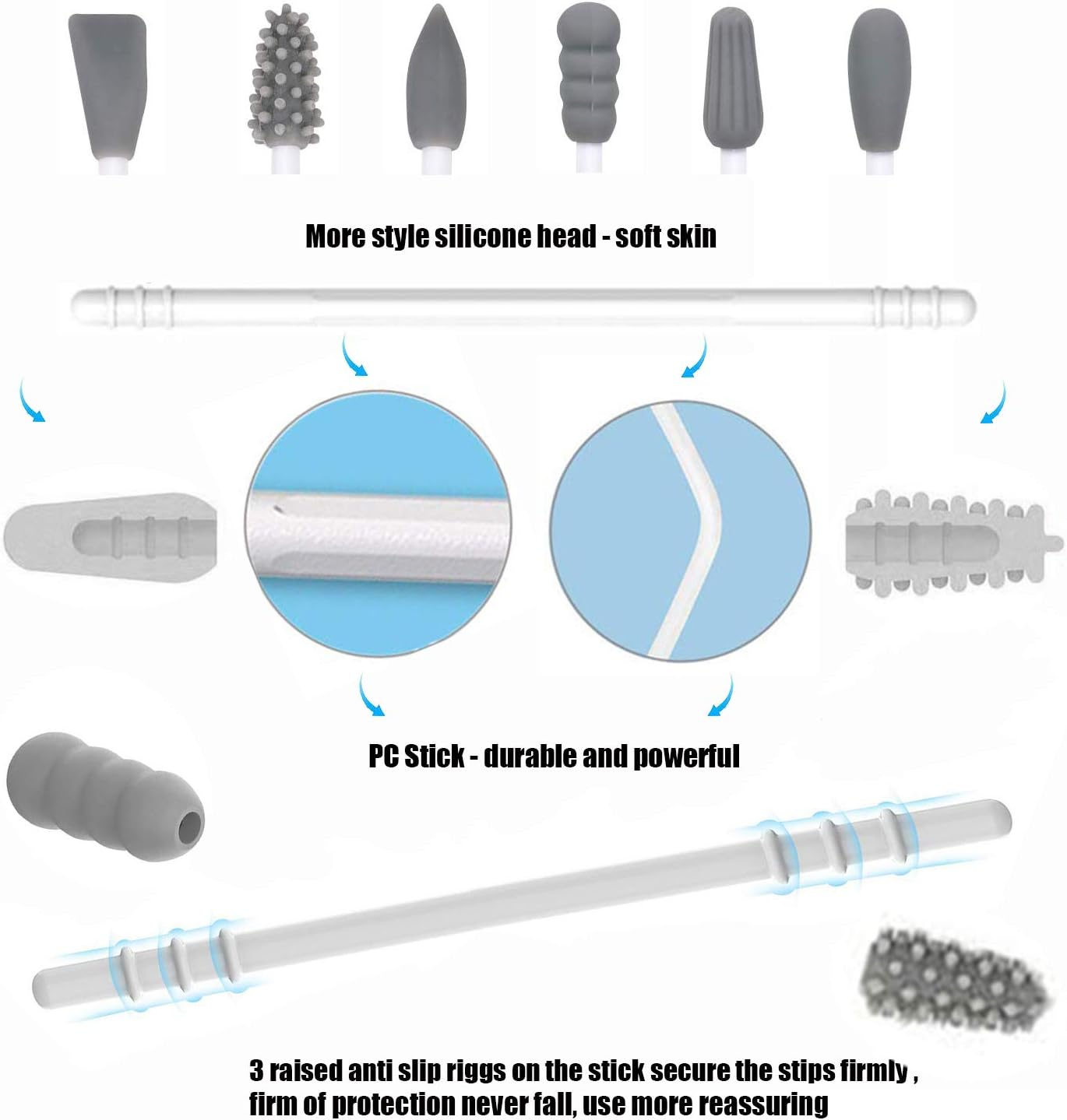 Strogem Reusable Cotton Swabs with 1 Mirror for Makeup Application and Cleaning, Multifunctional Portable Washable Silicone Q-Tip (Gray) - White image number 5