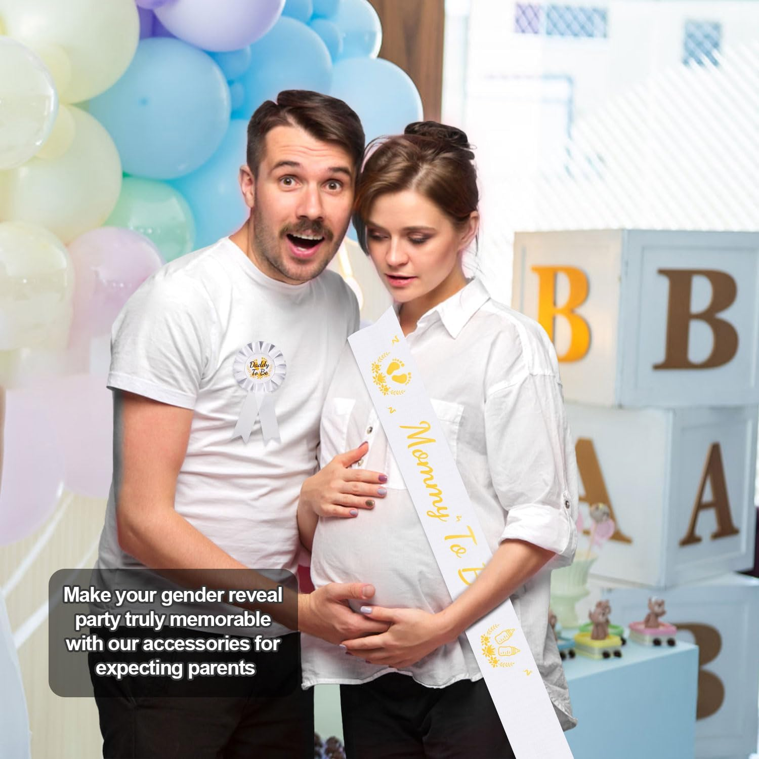 Mommy to Be Sash, with Daddy to Be Badge Gold & White Mom to Be Sash Set Pregnancy Sash Gender Reveals Gift Baby Shower Decorations for Boys Girls image number 4