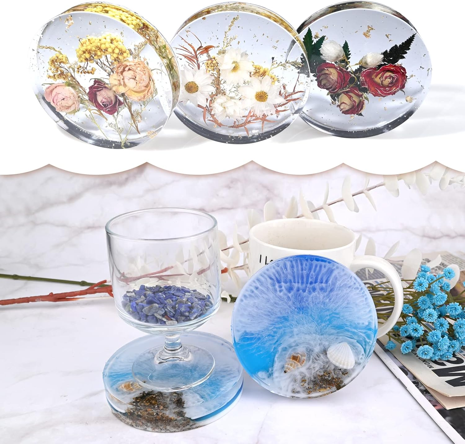 Actvty round Coaster Resin Molds, 6 Cavity Coaster Silicone Molds for Epoxy Resin, Deep Coaster Molds for Flower Bouquet Preservation, DIY Custom Coasters, Resin Craft - 3 Shapes Coaster Molds image number 3