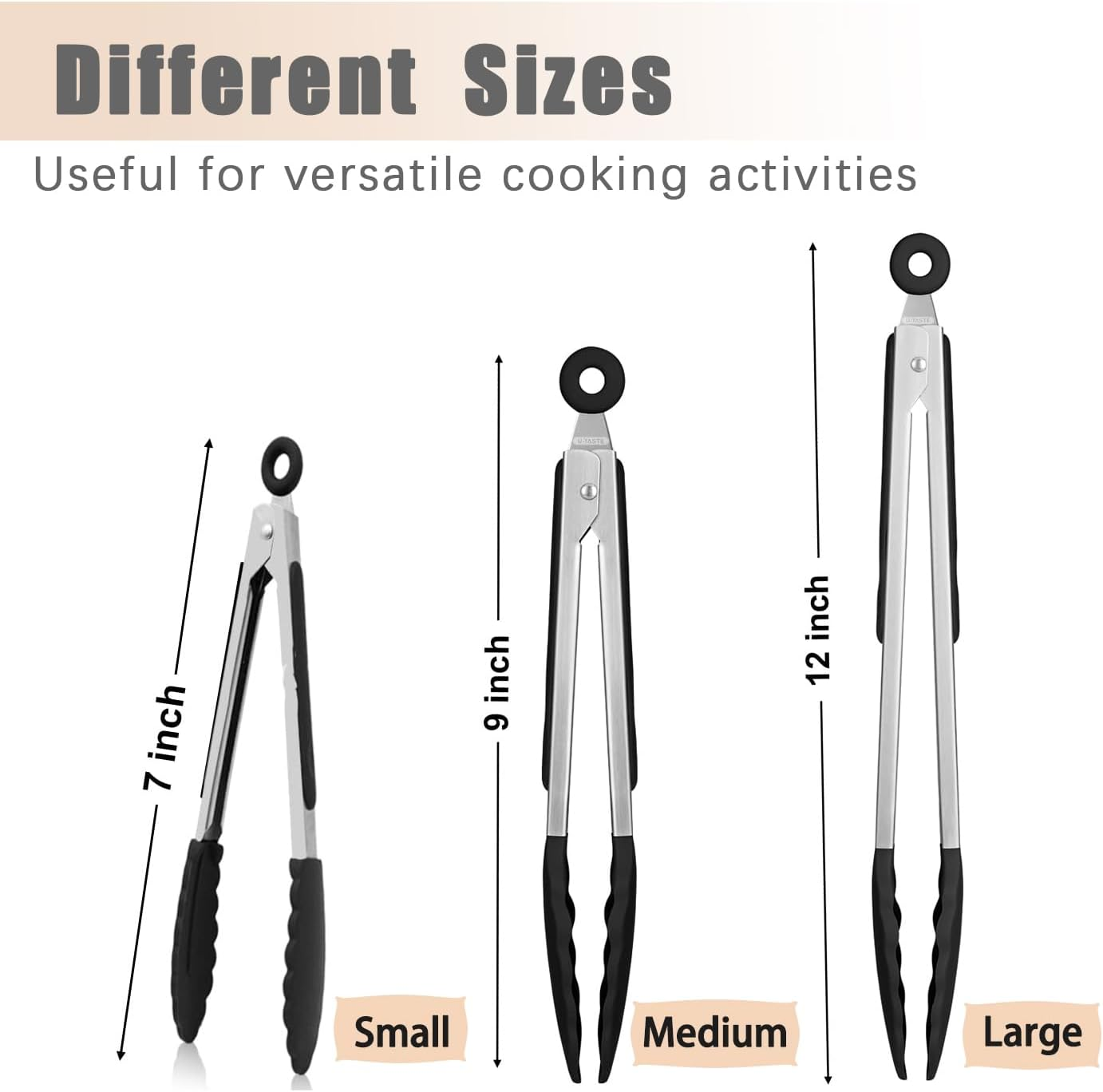 3-Piece Set Kitchen Tongs - Stainless Steel with Heat-Resistant Silicone Tips for Cooking, Grilling, Turning - Includes 7", 9", and 12" Sizes - Black Silicone Handles - Bpa-Free image number 6
