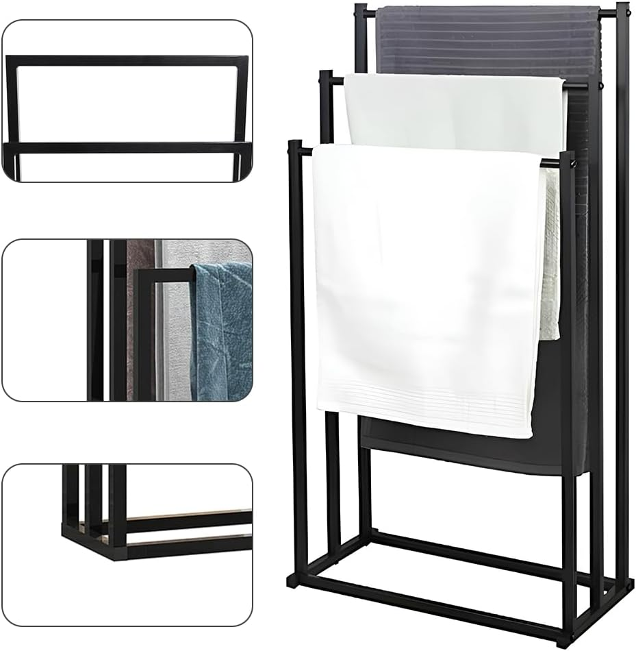 3 Tiers Floor Bath Towel Holder, Metal Free Standing Storage Racks, Portable Towel Organizers, Standing Towel Racks, Organizer Shelf for Bathroom, Bedroom, Laundry Room (Black) ﻿ image number 4