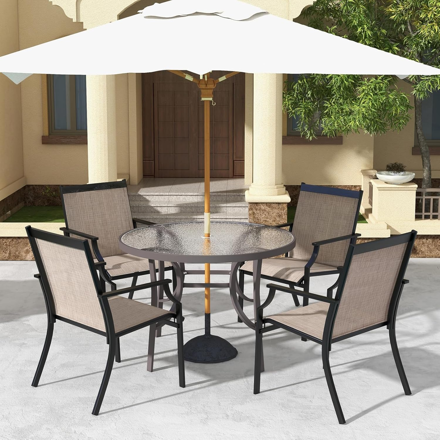 Costway 4 Piece Patio Dining Chairs, Large Outdoor Chairs W/Breathable Seat & Metal Frame, Ergonomic Back & Armrests, High Backrest Armchairs for Porch, Backyard, Lawn (Brown) image number 2