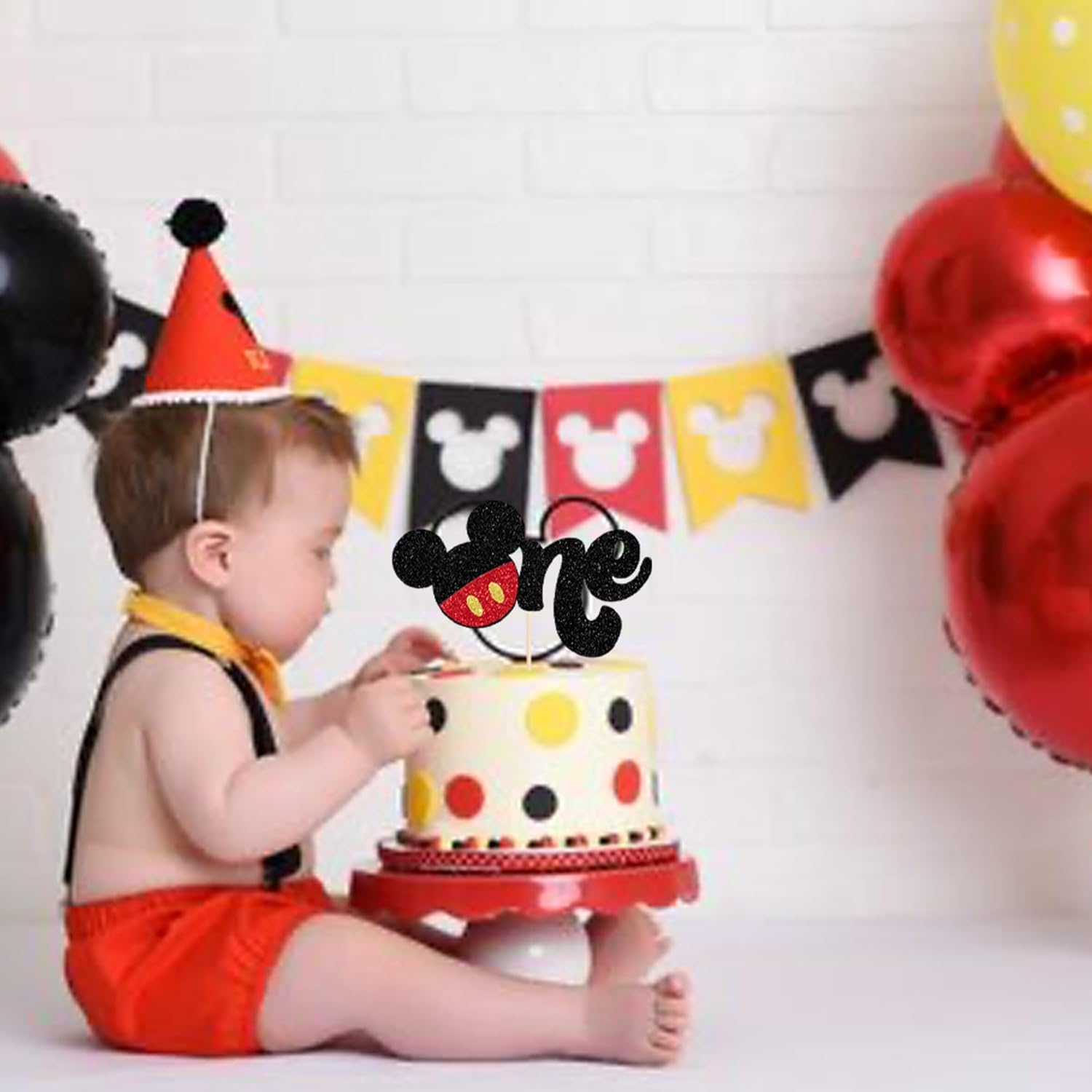 1 Pack Mouse First Birthday Cake Toppers Glitter White Gloves Mouse Inspired One Birthday Cake Pick for Baby Shower Kids First Birthday Party Cake Decorations Supplies Red(#5) image number 3