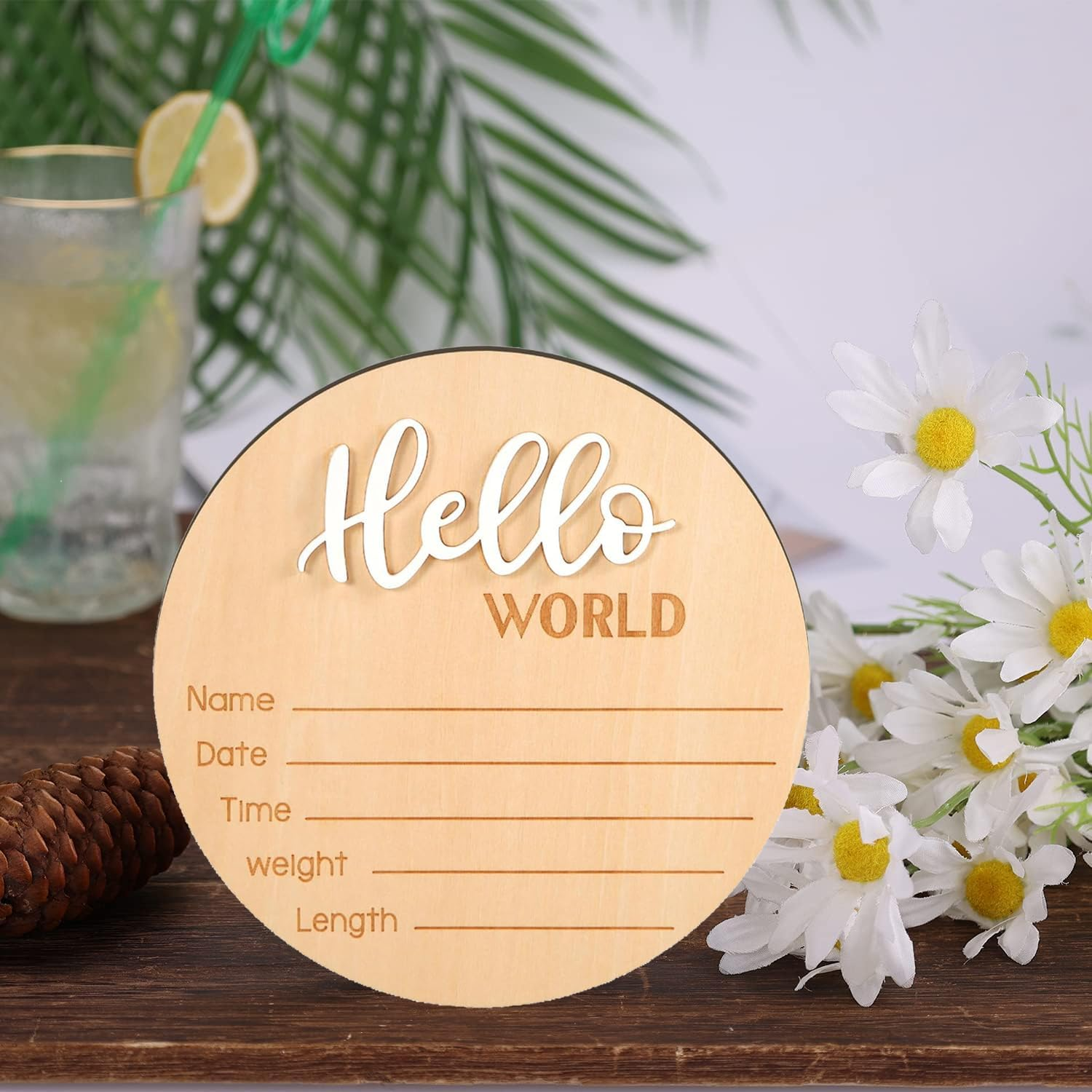 2Pcs Newborn Baby Announcement Sign 5.9 Inch Personalized Wooden Baby Birth Sign Gender Hello World Baby Welcome Arrival Prop Birth Name Date Height Weight Card for Baby Shower Birthday Gift Keepsakes image number 2