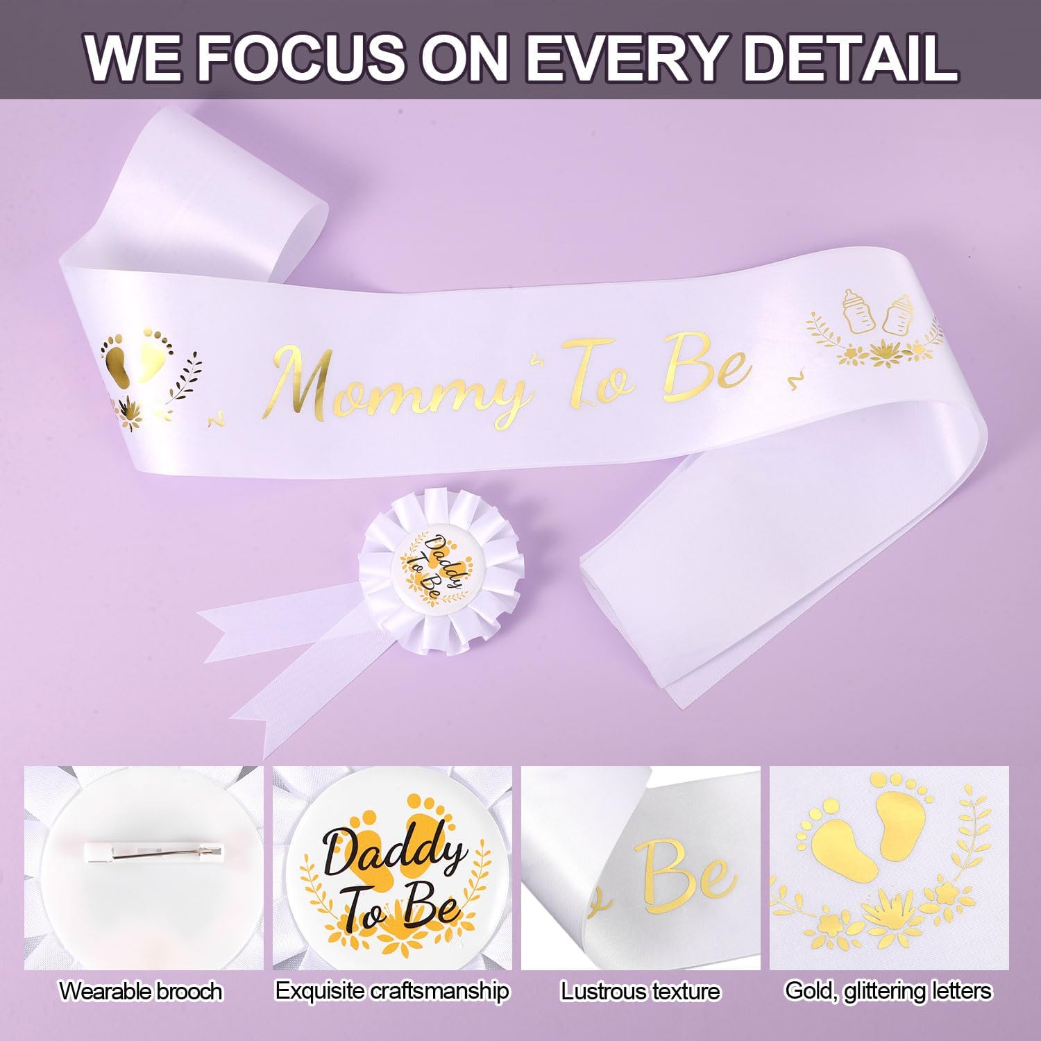 Mommy to Be Sash, with Daddy to Be Badge Gold & White Mom to Be Sash Set Pregnancy Sash Gender Reveals Gift Baby Shower Decorations for Boys Girls image number 5