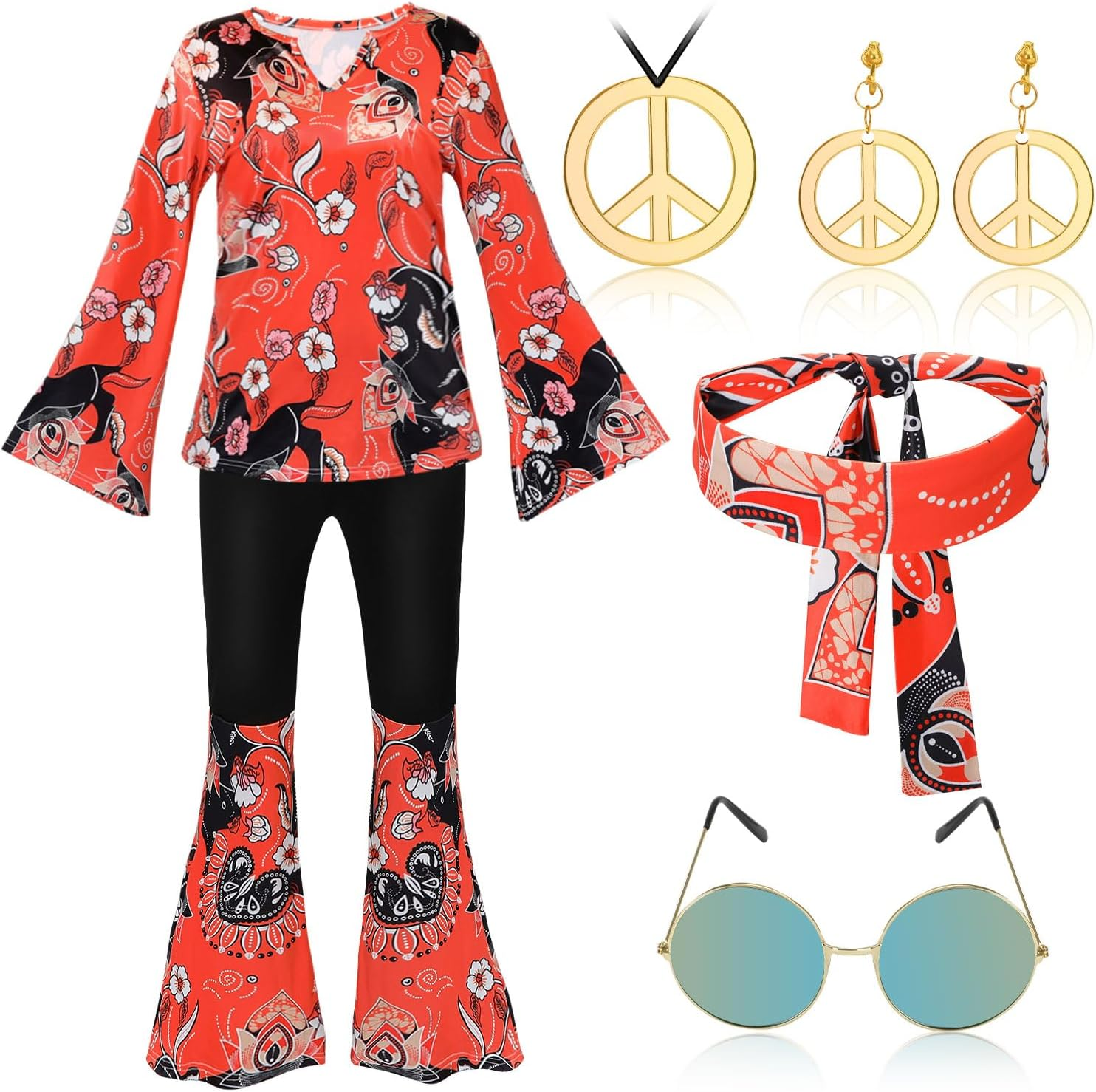 AUTOWT 7Pcs 60S 70S Outfits Womens Hippie Costume Set, Disco Hippie Outfit Dress Boho Flared Pants Hippie Shirt with Sunglasses Headband Earrings Necklace for Adults Halloween Cosplay image number 4