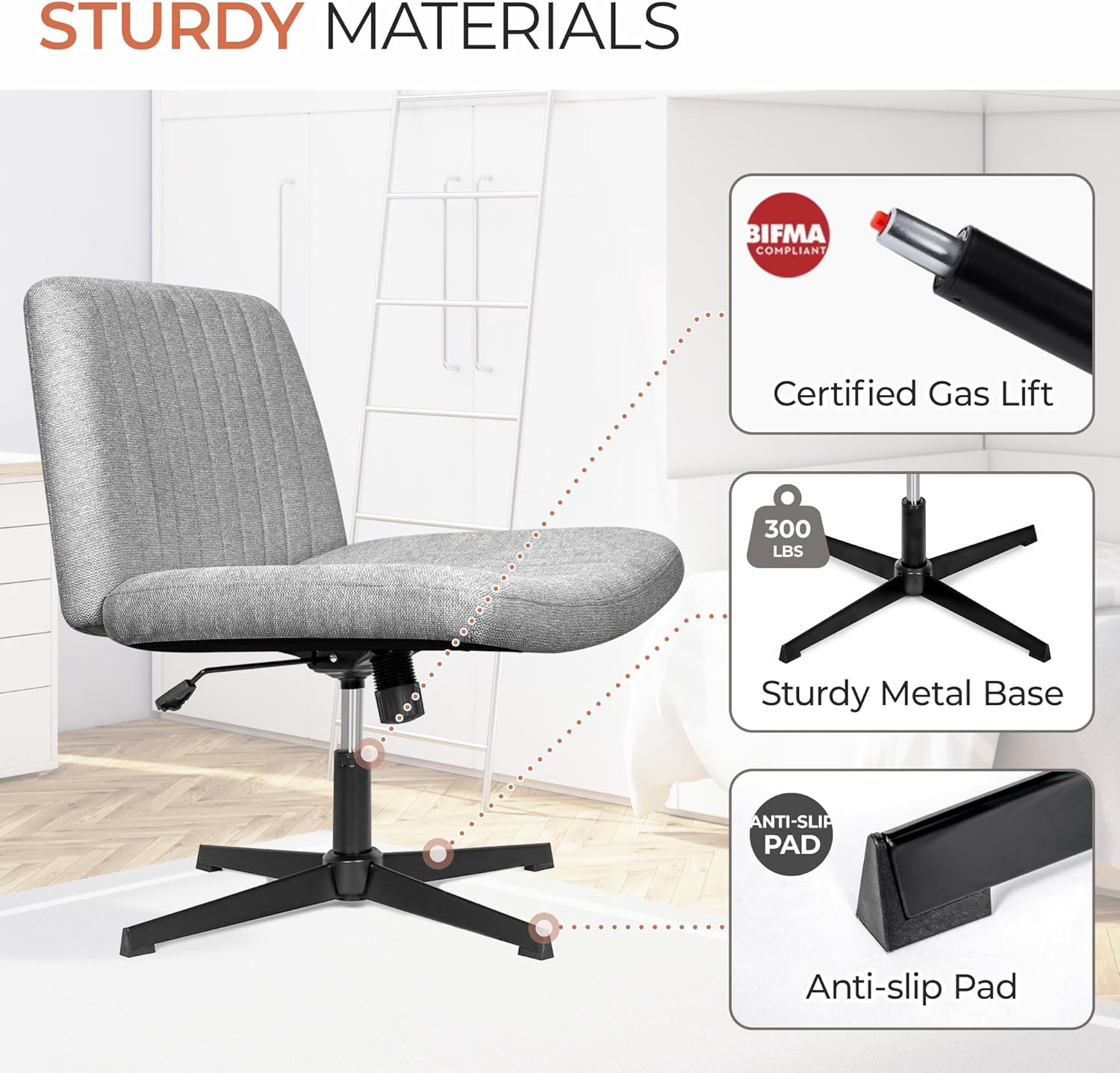 Orange Factory Criss Cross Chair No Wheel Wide Cross Legged Office Desk Vanity Chair Comfy Fabric Armless Adjustable Swivel for Home Computer Task (Gray) image number 1