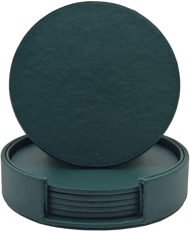 Vmila Leather Coasters for Drinks, 4" Drink Coasters Set of 6 with Holder for Tabletop Protection, Handmade Luxurious Home D&eacute;cor and Housewarming Gift (White Gold Marble Coaster)