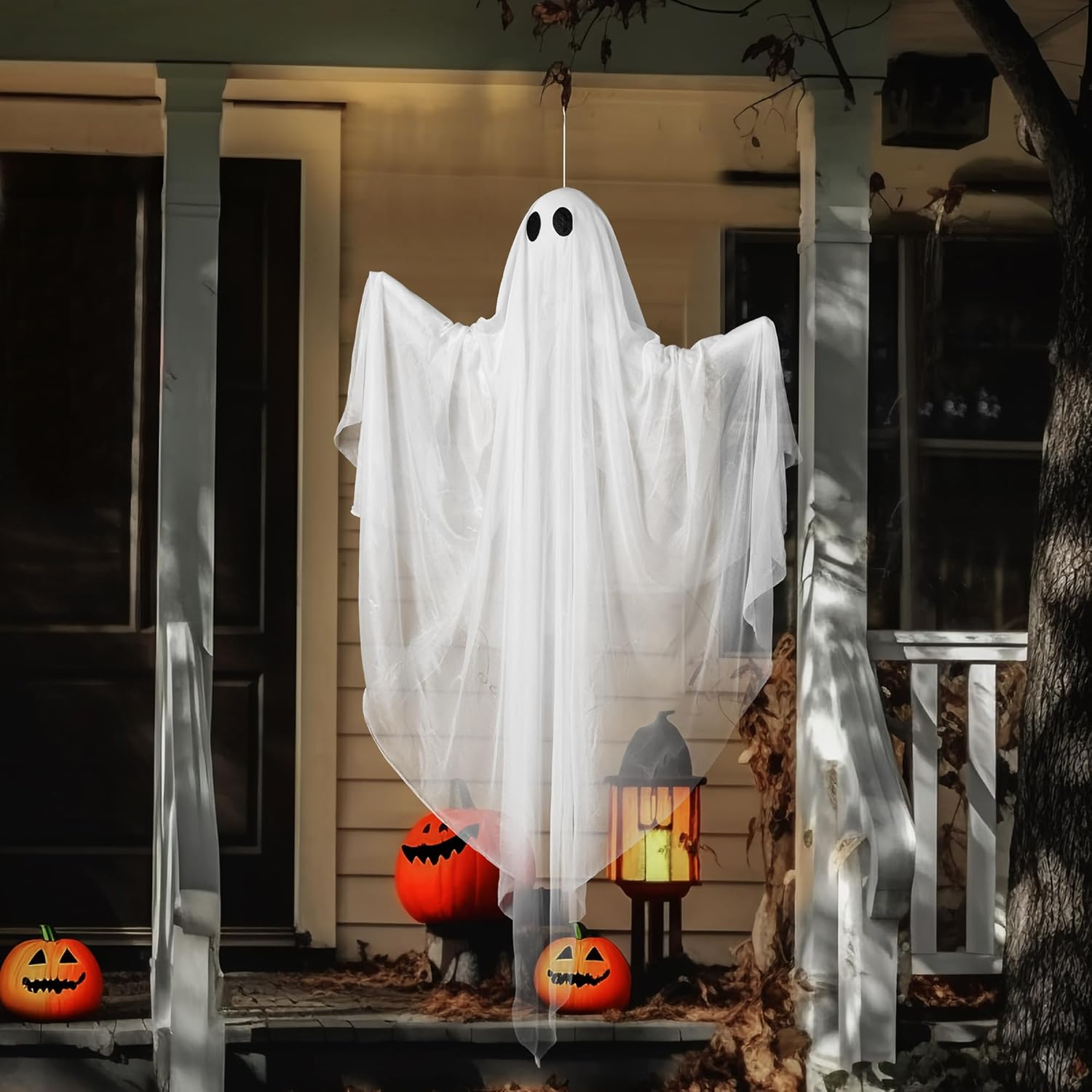 JOYIN Halloween Hanging Light up Ghost with Spooky Warm White LED Light, 47&rdquo; Halloween Hanging Decoration White Ghosts for Front Yard Patio Lawn Garden Party Decor Indoor Outdoor image number 3