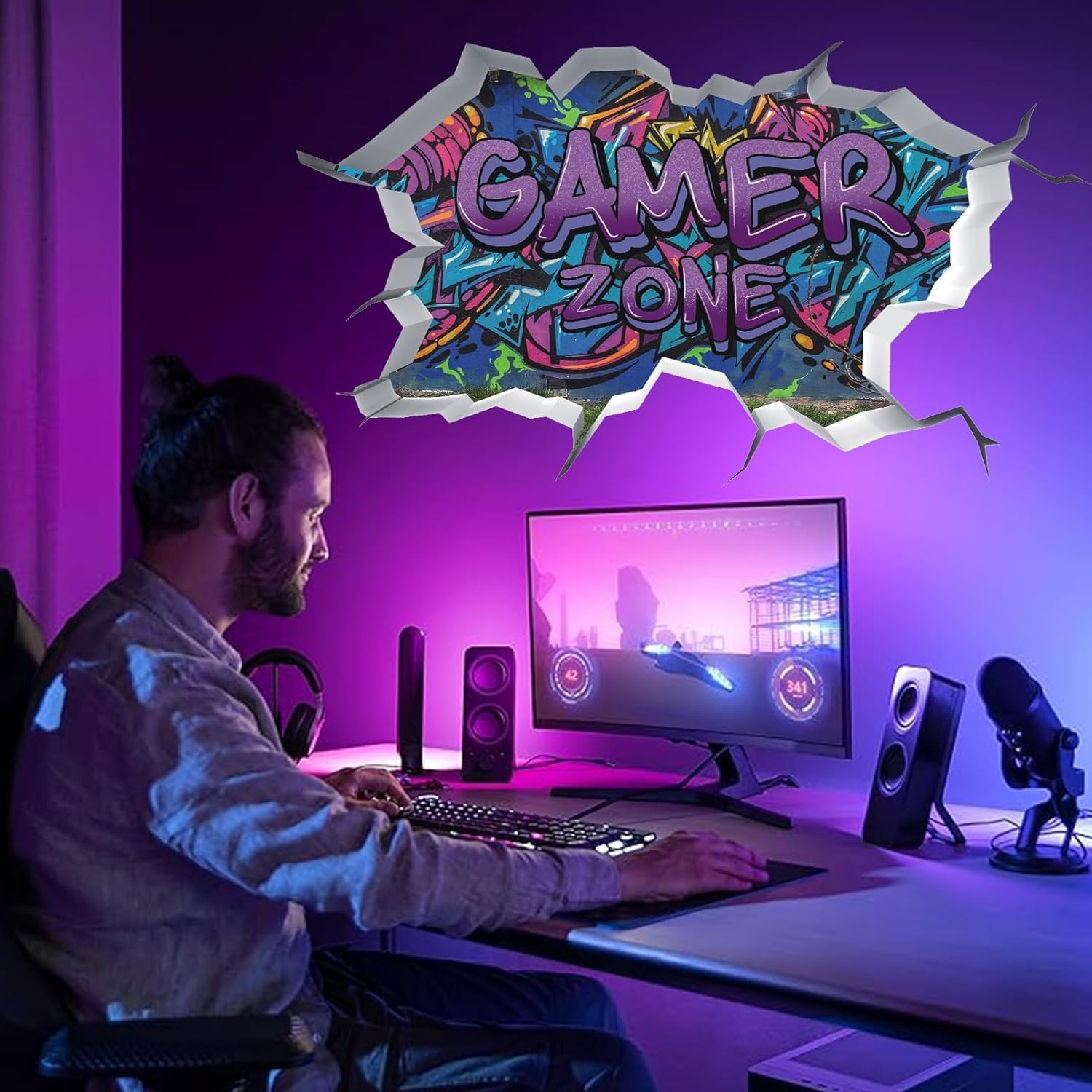 Toarti Gamer Zone 3D Wall Stickers for Gamer Bedroom Accessories,Gaming Vinyl Wall Decal,Video Game Removable Wall Art Playroom Decor for Teens (Violet) image number 1