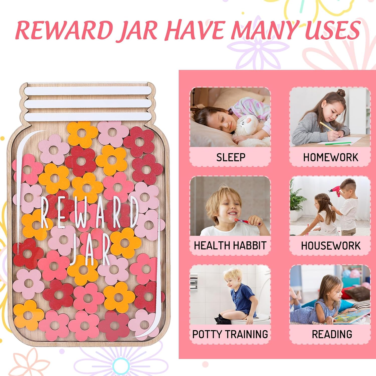 Jarthenaamcs Wooden Reward Jar for Kids Daisy Flower Cutouts Positive Incentive Behavior Chart with Base Management Tools Decoration Reward System for Student Teacher School Classroom Supplies, 38Pcs image number 6