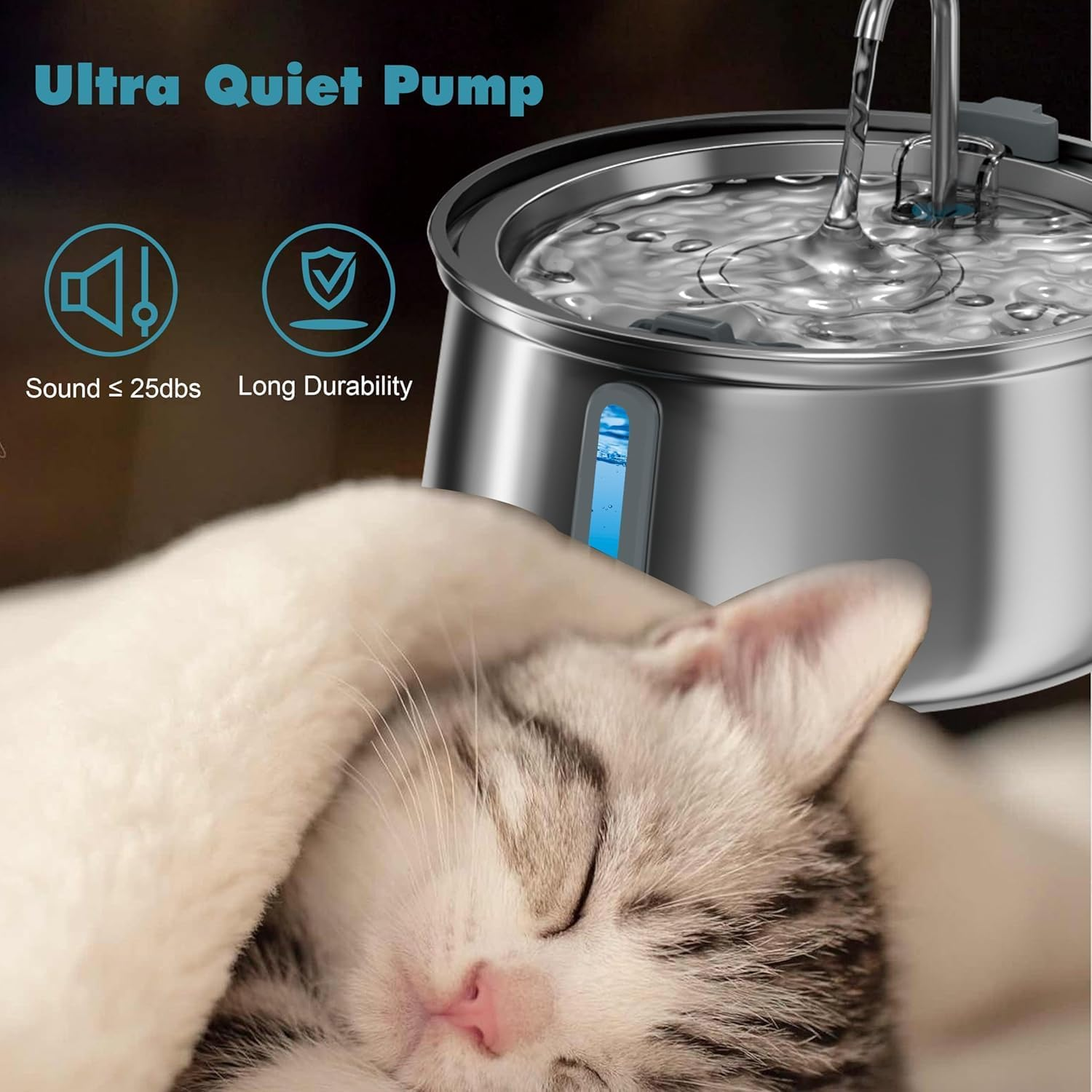 Cat Water Fountain Stainless Steel, 134Oz/4L Automatic Pet Fountain with LED Level Window, Ultra Quiet Dispenser with Filter and Sponge, Faucet for Cat, Dog image number 4