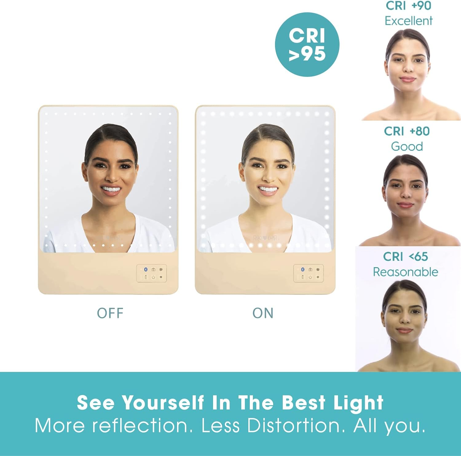 Riki Skinny Smart Vanity Mirror with HD Leds, Magnifying Mirror Attachment, Phone Holder and Bluetooth Control (5X Magnification, Champagne Gold) image number 4