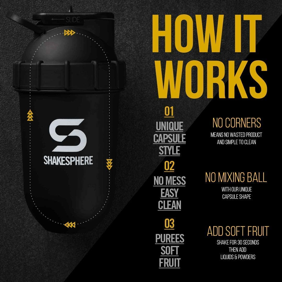 Shakesphere Protein Shaker Bottle, 24Oz Capsule Shape Mixing Easy Clean up No Blending Ball or Whisk Needed BPA Free Mix & Drink Shakes, Smoothies, More (Matte Black -Black Logo) image number 3