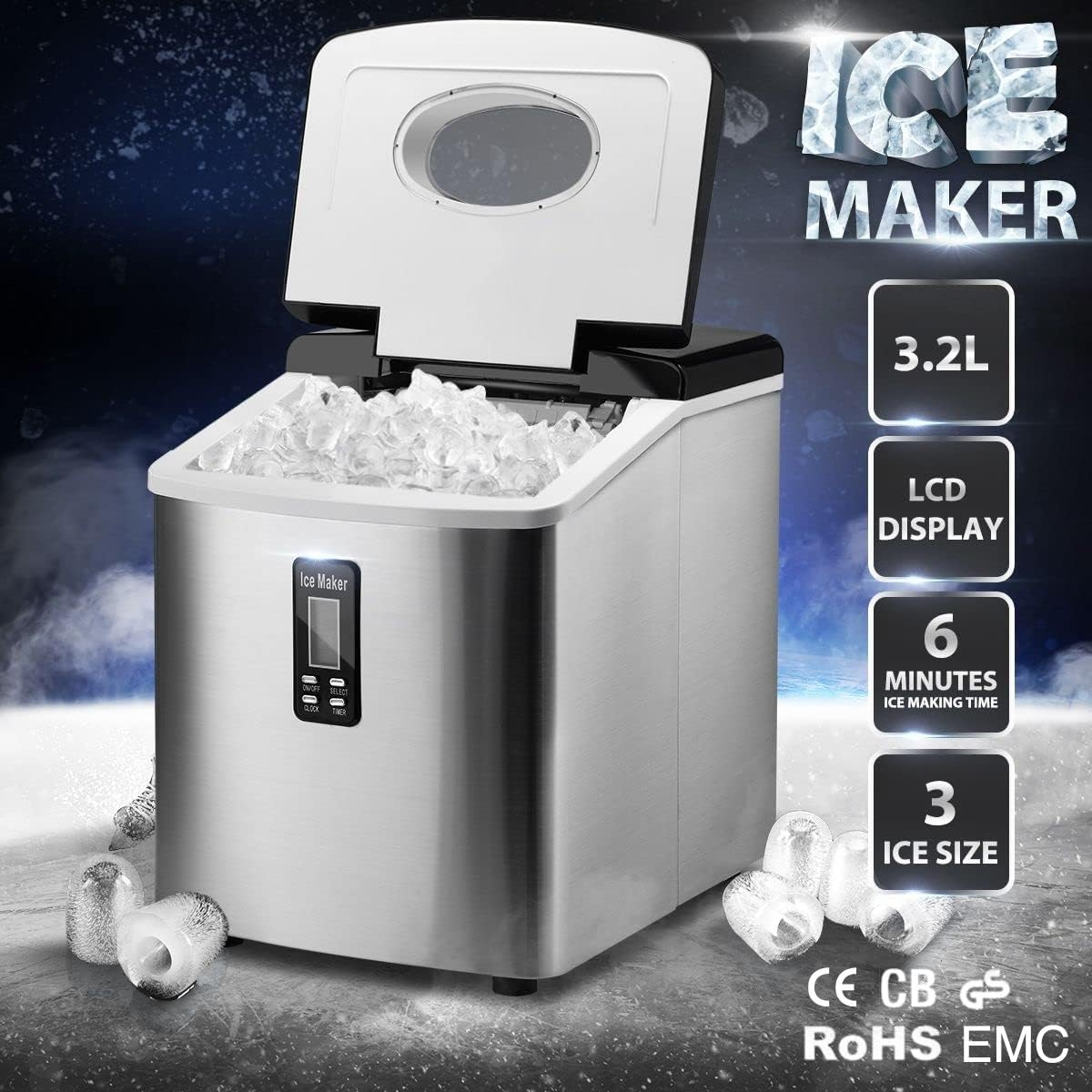 Maxkon Electric Ice Maker Machine, 16.2Kgs in 24 Hours, 3.2L Larger Water Tank, Self-Clean Ice Maker Countertop Compact Potable Ice Maker with Ice Scoop and Basket for Home/Kitchen/Office image number 4