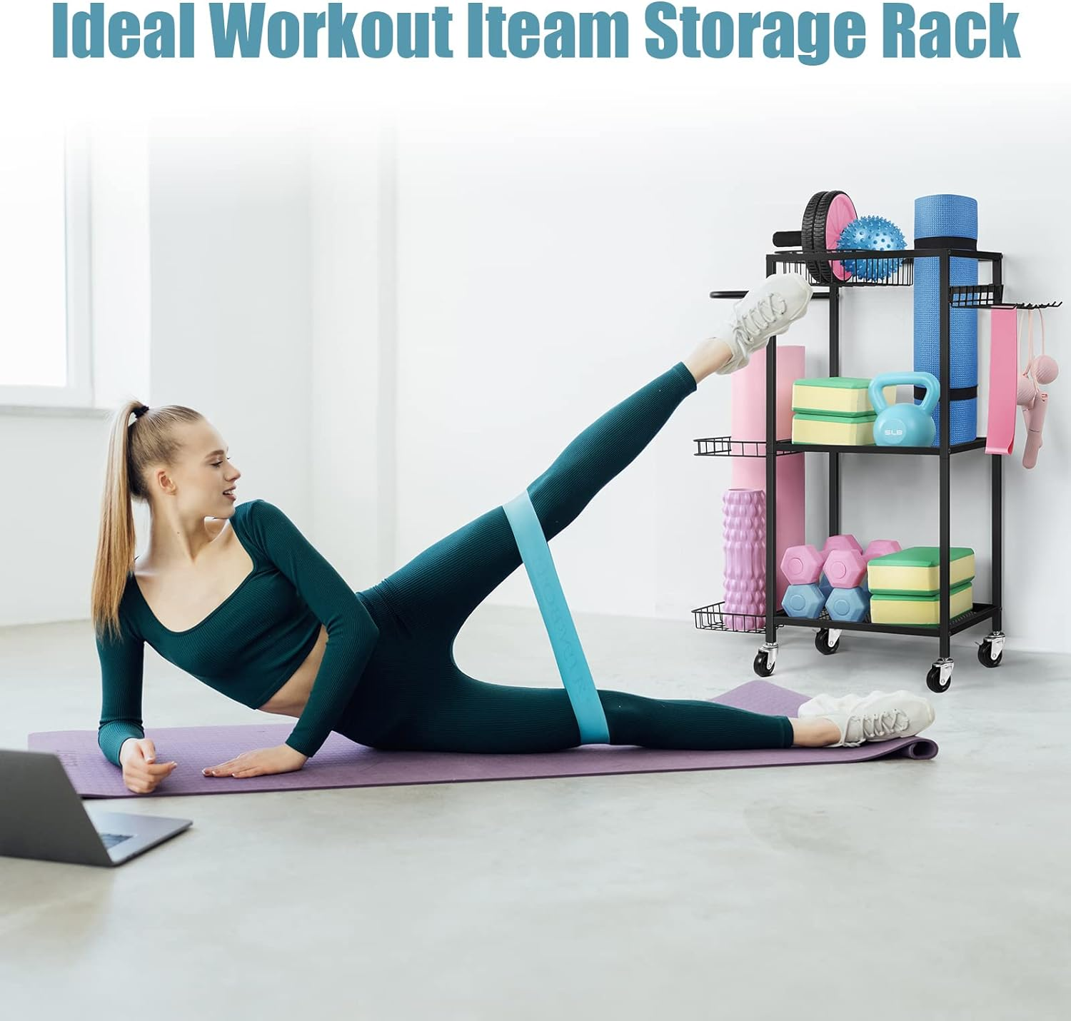 LIANTRAL Dumbbell Rack, Yoga Mat Storage Rack, Workout Equipment Storage Rack for Dumbbells Kettlebells Yoga Mat and Balls, Home Gym Storage Organizer with Hooks and Wheels image number 1
