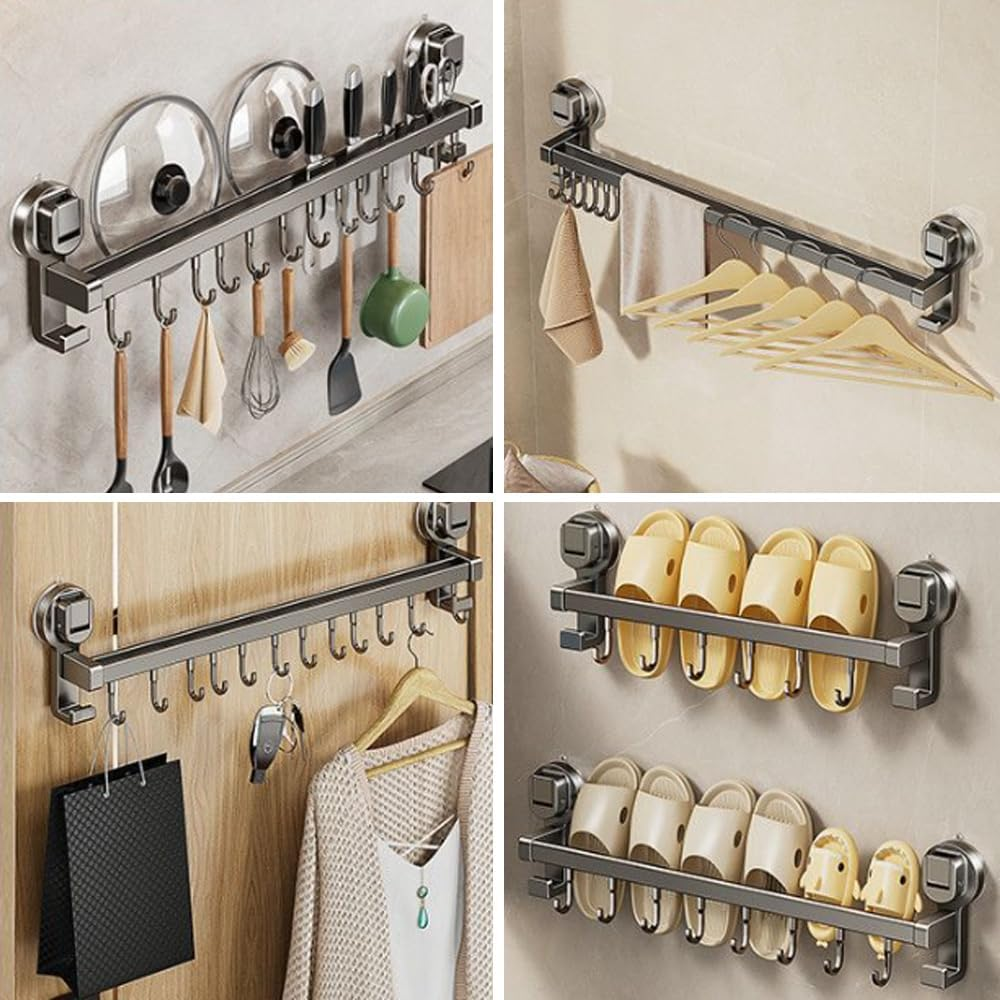 Kitchen Organizer, Kitchen Utensil Rack, Double Rod Wall Mount Hanging Shelf, Pot Hanging Rack, Kitchen Railing with Hooks for Pots and Pans, Gray (10 Hooks 50Cm) image number 1