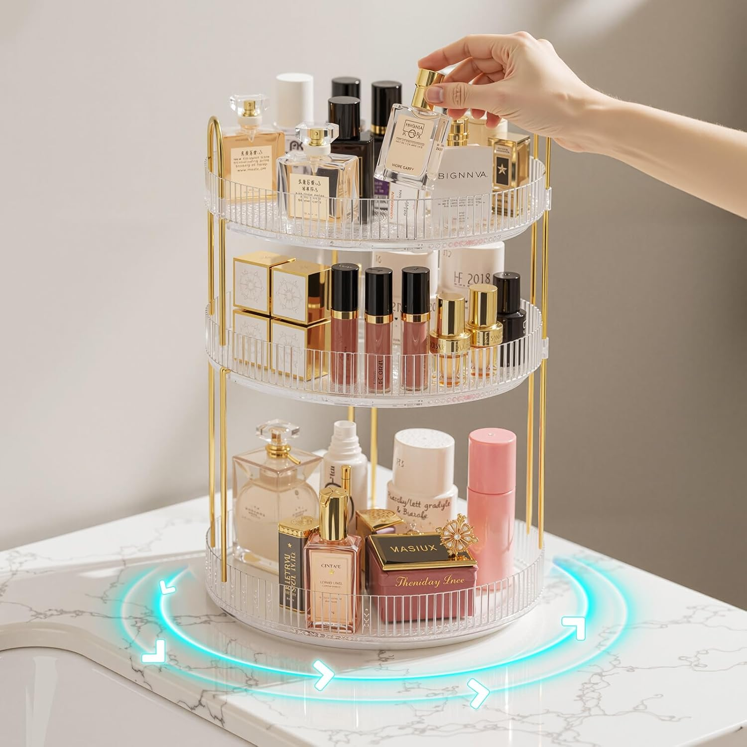 3 Tier Clear Makeup Organizers, 360&deg; Rotating Cosmetic Storage, Bathroom Organiser Large Capacity Makeup, Perfume Tray, Organizers Storage Skincare Vanity Organiser Bathroom Decor Accessorie image number 5