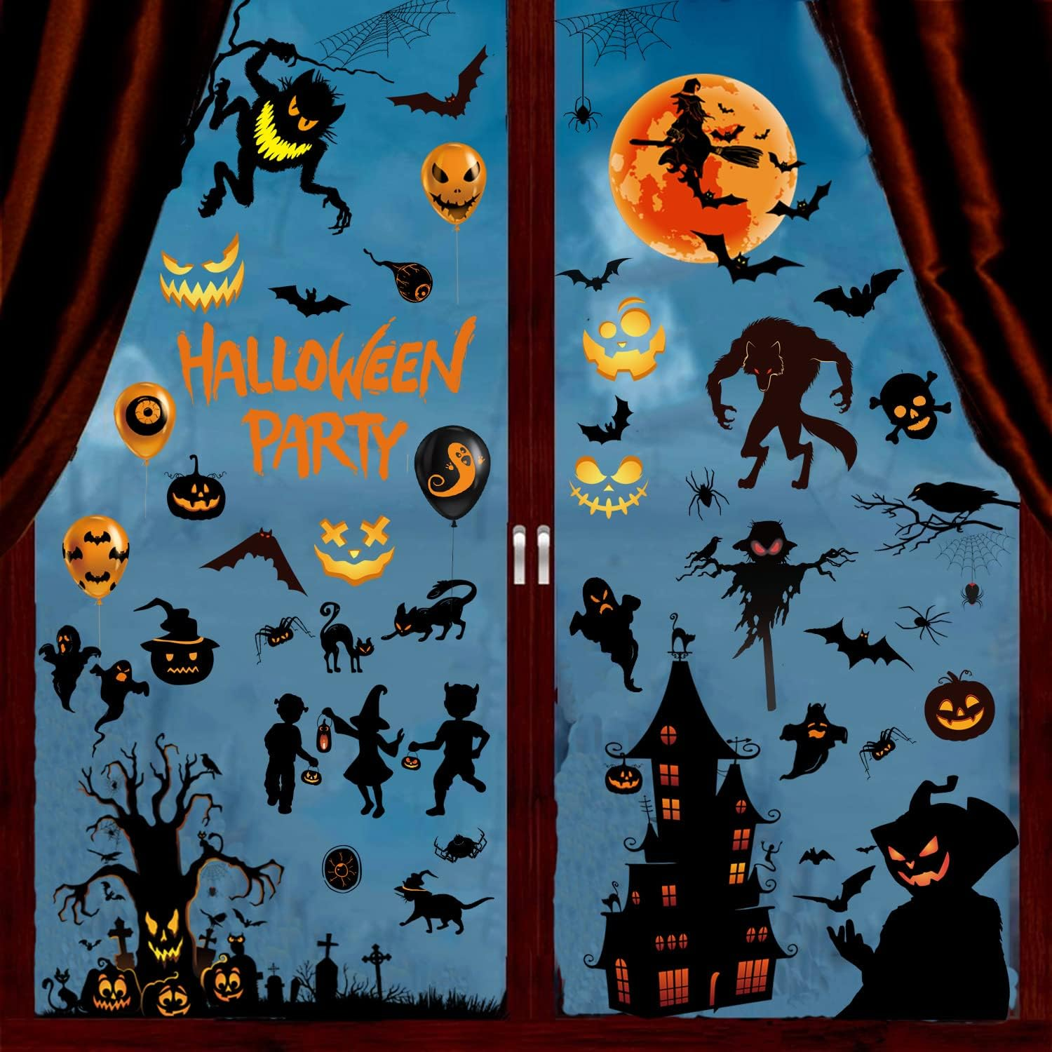 9 Sheets Halloween Window Clings, Scary Halloween Window Stickers, Removable Double Sided Halloween Window Decals for Glass Windows, Halloween Window Decorations Home Decor Halloween (A)