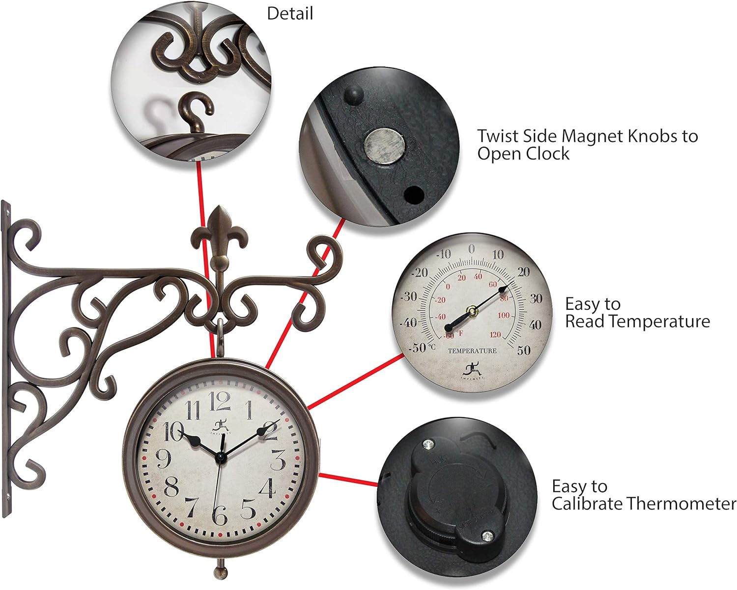 Infinity Instruments Beauregard 8 Inch Outdoor Clock Thermometer Combo for Patio Porch Garden Outdoor Decorative Double-Sided Resin Clock Thermometer Wall Hanging with Bracket