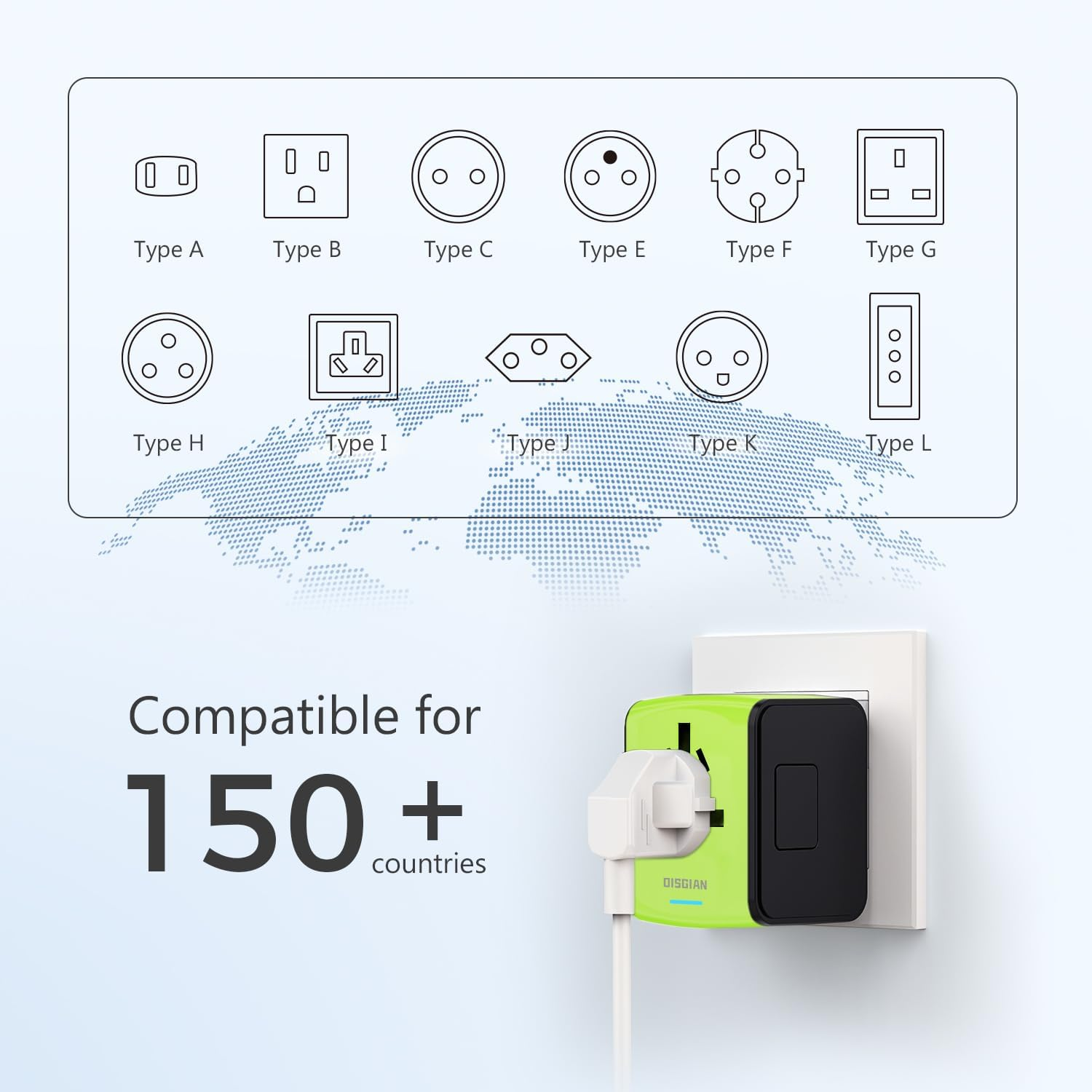 Travel Adapter, Universal International Power Adapter with 3USB Port and Type-C International Wall Charger Worldwide AC Power Plug for Multi-Nation Travel UK, EU, AU over 200 Countries (Green) image number 3