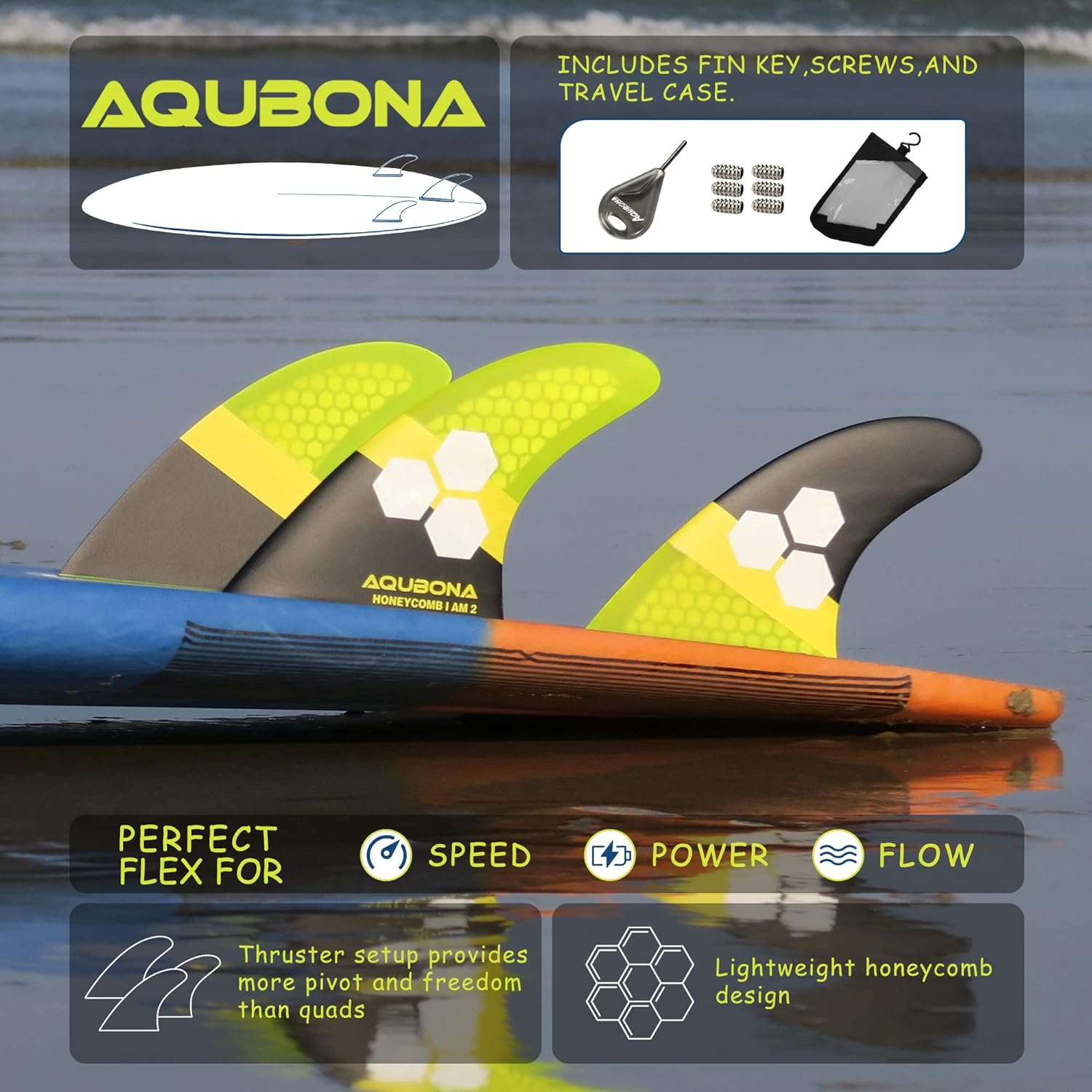 AQUBONA Dual Tab II AM FINS Surfboard Fiberglass Fins for Surfing with Fin Pocket, Fin Wrench, Multi-Colour (Small, Medium, Large)