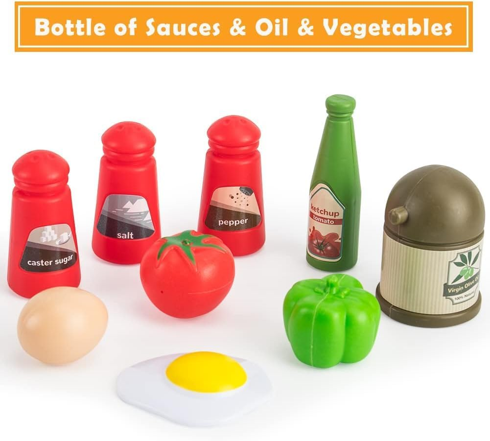 32Pcs Kids Kitchen Toy Accessories, Toddler Pretend Cooking Playset with Play Pots and Pans, Utensils Cookware Toys, Play Food Set, Canned Toy Vegetables,Toddlers Boys Girls Birthday Gift（Pink) image number 5