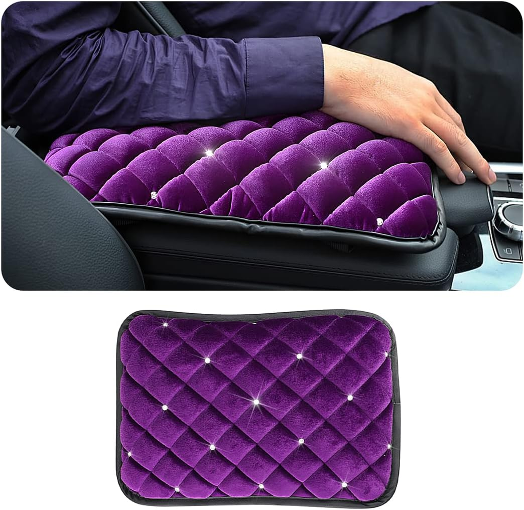 AUCELI Fluffy Car Armrest Cover, Bling Diamond Auto Center Console Pad, Soft Seat Box Protector, Plush Cushion for Arm Rest, Vehicle Interior Protection Accessories, Universal Fit Truck SUV