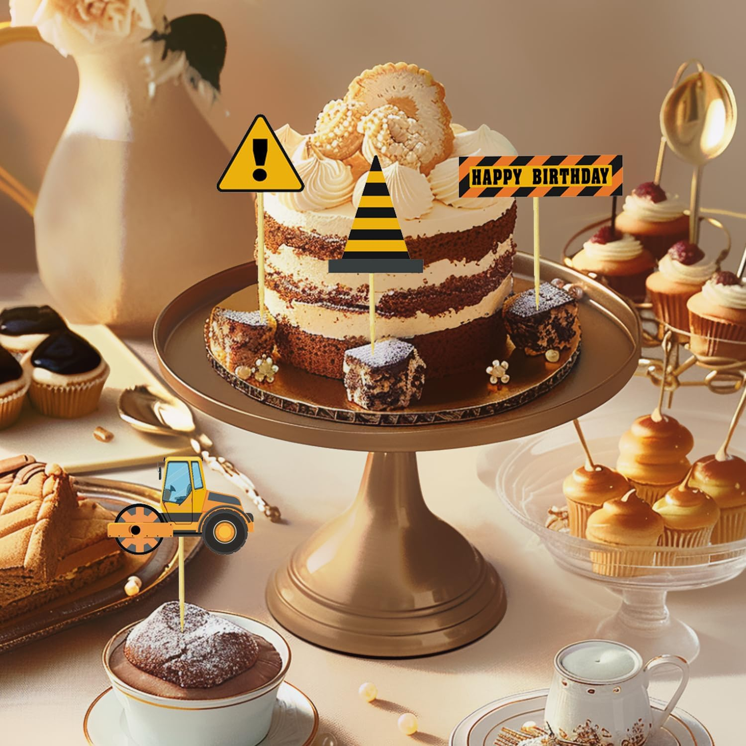 12Pcs Construction Cupcake Toppers Happy Birthday Cake Topper Stop Sign Dump Truck Excavator Tractor Party Cake Picks Decorations for Construction Theme Birthday Party Supplies image number 2