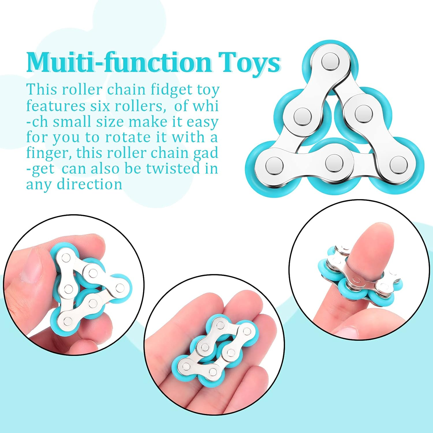 2 Pieces Fidget Toys Flippy Roller Chain, Six Roller Chain Fidget Toys Bike Chain Toys Novelty Stress Relief for Adults Teens Anxiety Autism, ADHD (Dark Blue, Sky Blue) - Black,Blue image number 5