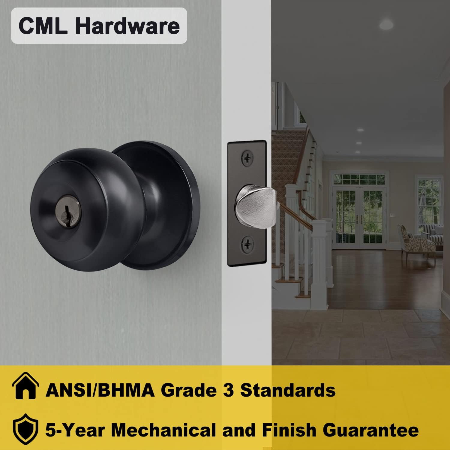 CML Hardware (3 Pack) Keyed Alike Entry Door Knob, Matte Black Exterior Door Lock for Front Door and Entrance, round Ball Handle - 3, Silver image number 4