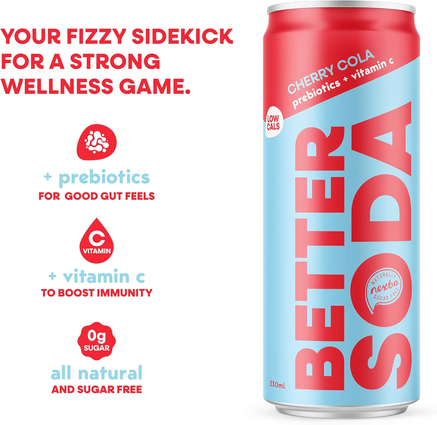 Nexba Better Soda &ndash; Cherry Cola &ndash; All Natural Sugar Free &ndash; 24 X 330Ml Cans image number 2