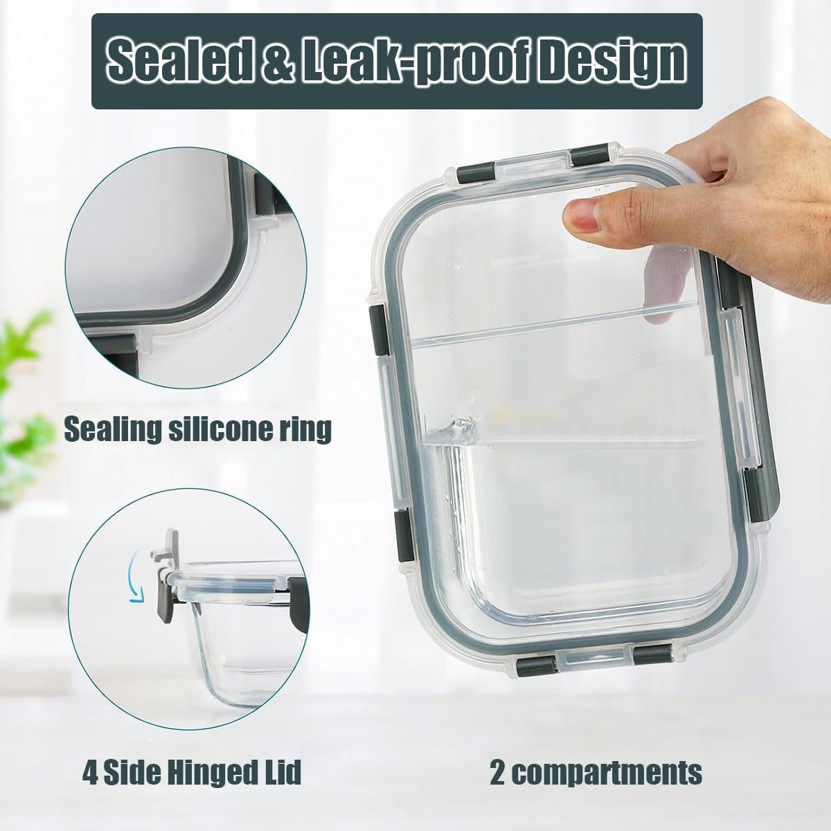 Glass Food Storage Containers,Glass Containers 10 Pack Pieces with Partitions(10 Containers & 10 Lids),Sealed Glass Meal Prep Containers 640 Ml,For Refrigerator, Microwave, Dishwasher image number 5