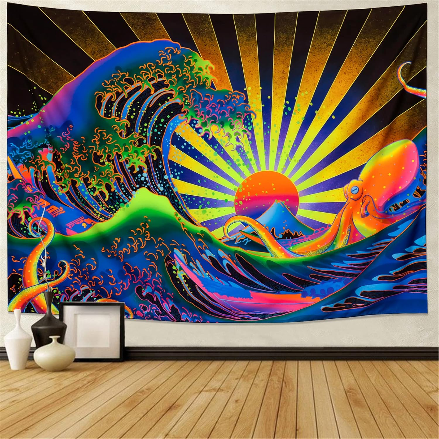 Blacklight Tapestry Great Wave Tapestry UV Reactive Japanese Kanagawa Sunset Tapestry Vintage Ocean Wave Octopus Tapestry Wall Hanging for Bedroom Backdrop image number 4